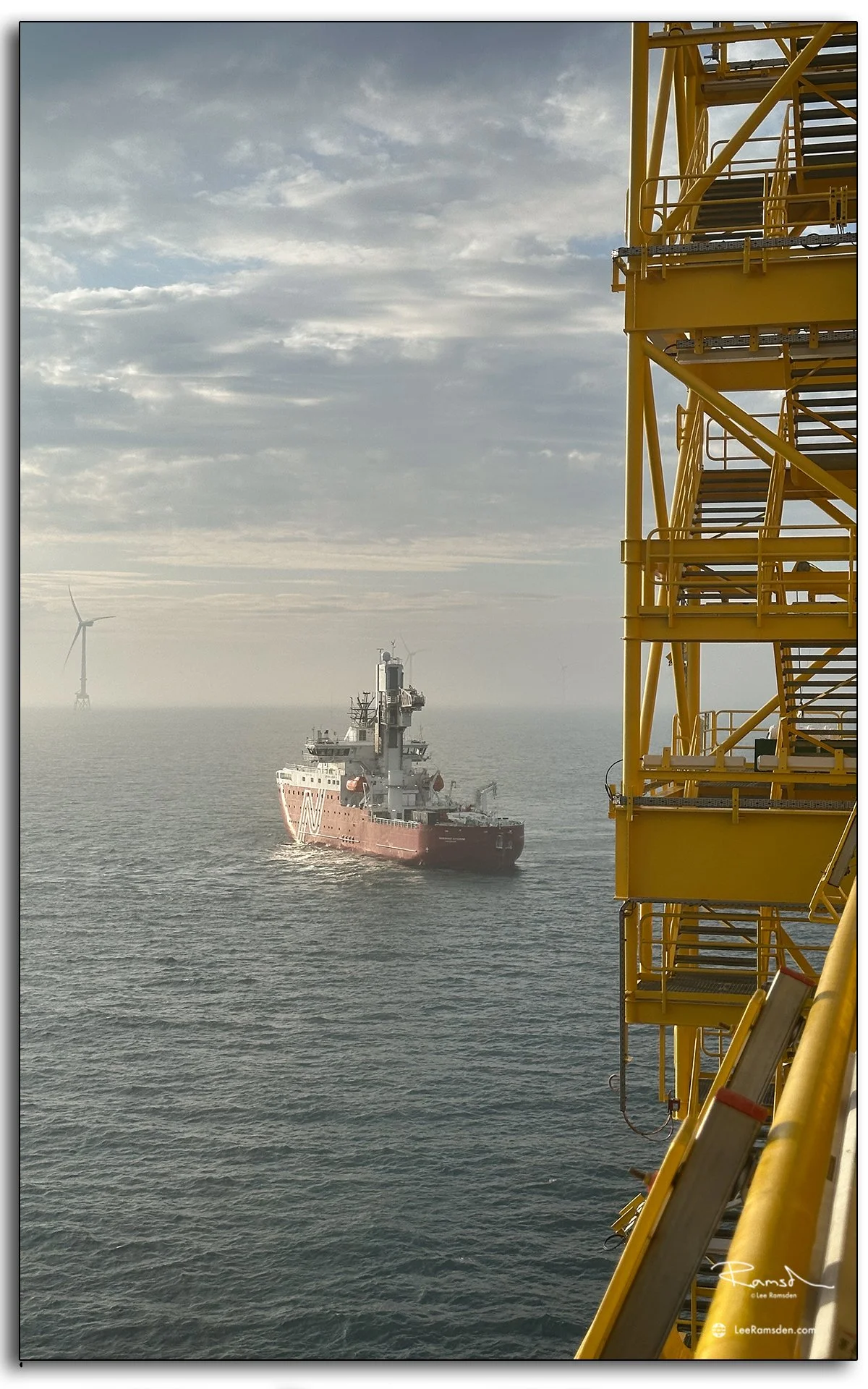 Norwind Storm offshore support vessel approaching a wind farm substation in the North Sea