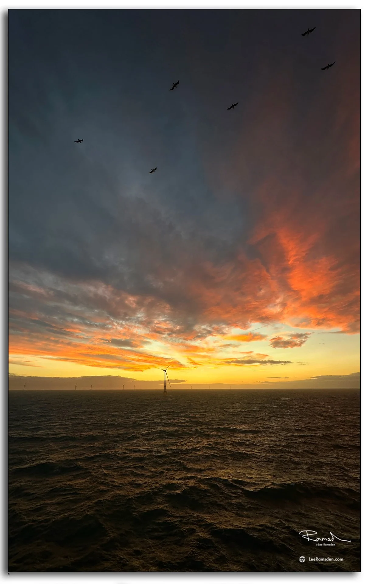 Wide view of offshore wind turbines under glowing sunset skies.