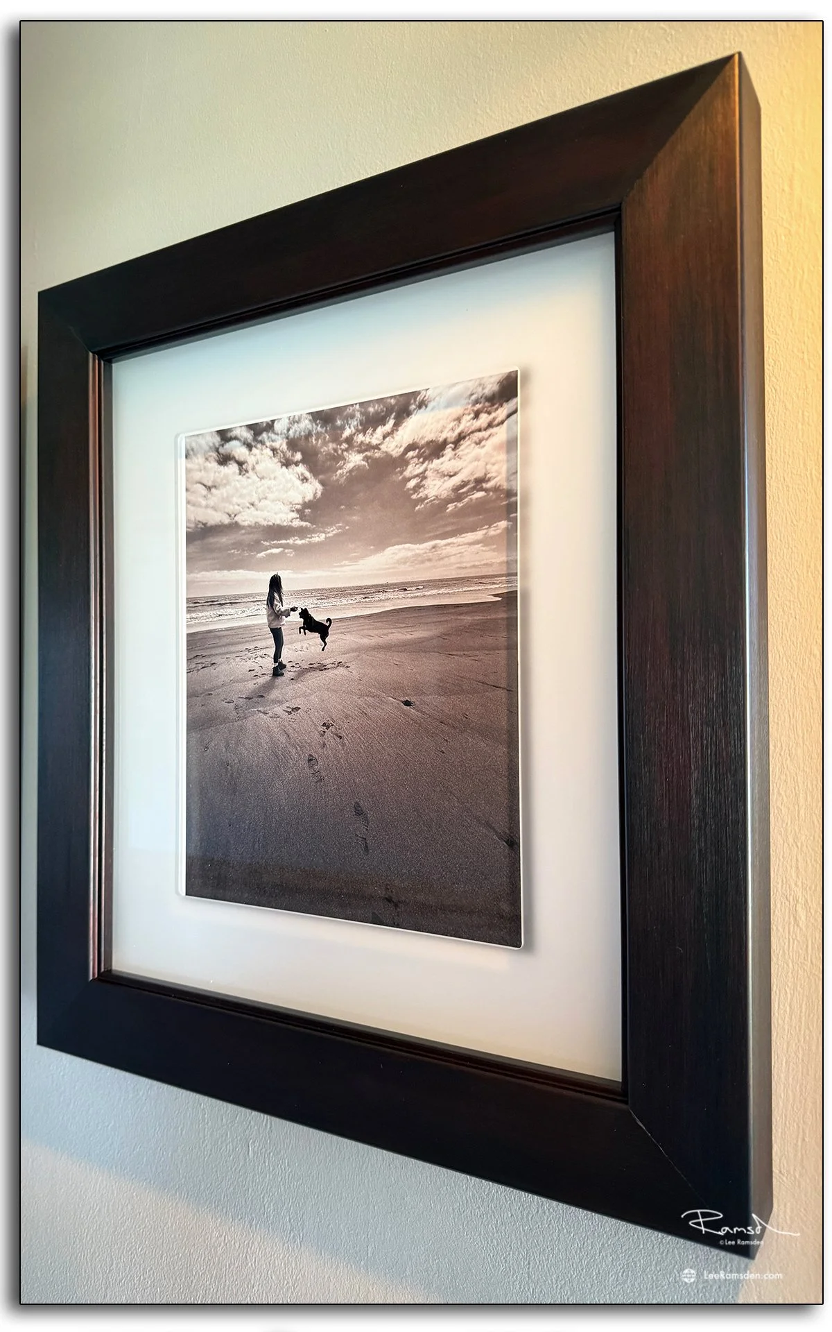 A single framed print showing a beach scene with dog and person, mounted in a dark wood Loxley frame with crisp matting and reflections.