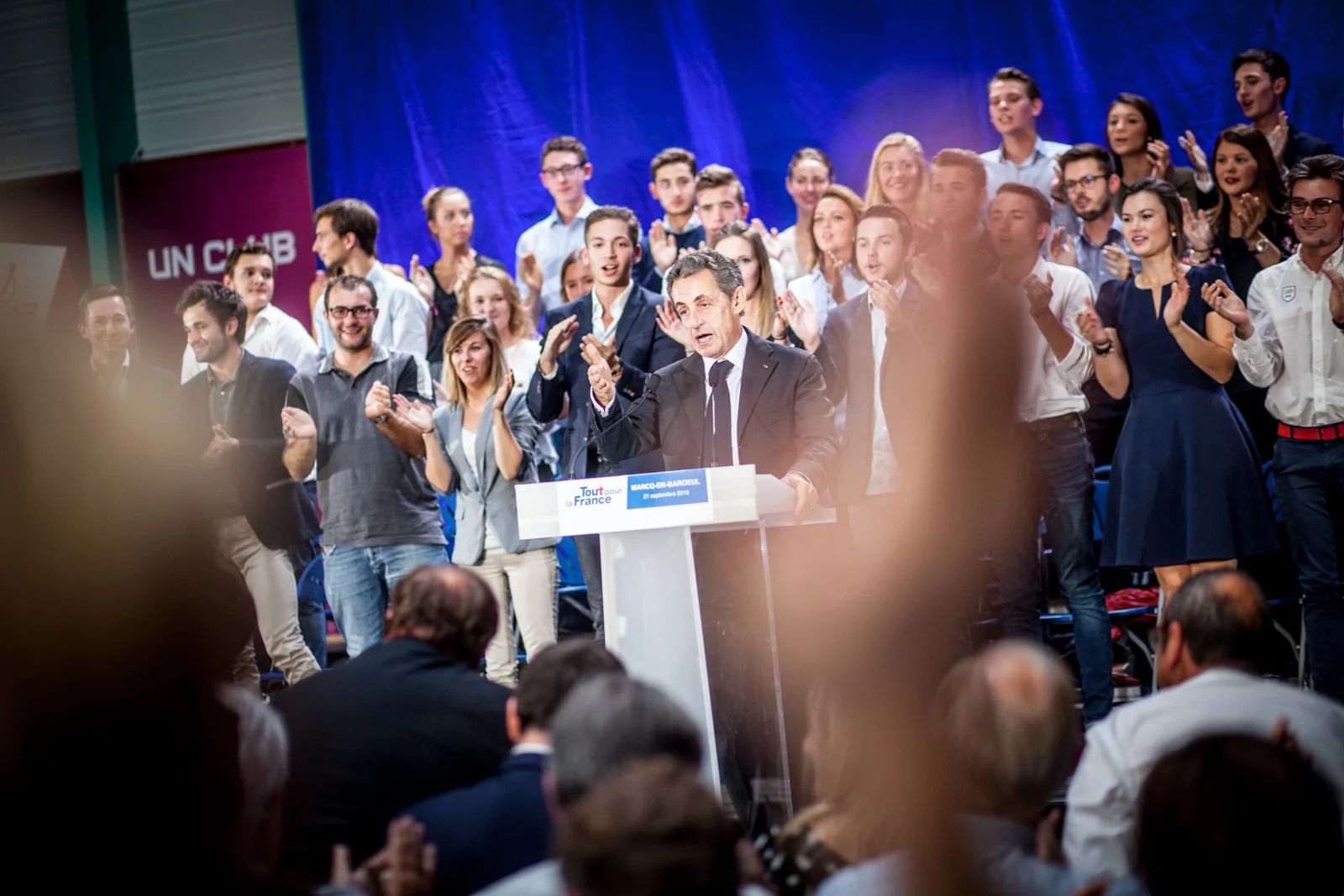 Nicolas Sarkozy, lors de son meeting dans la salle des sports de Marcq-en-Baroeul, en septembre 2016, en campagne pour la primaire des républicains. Publié dans Le Monde