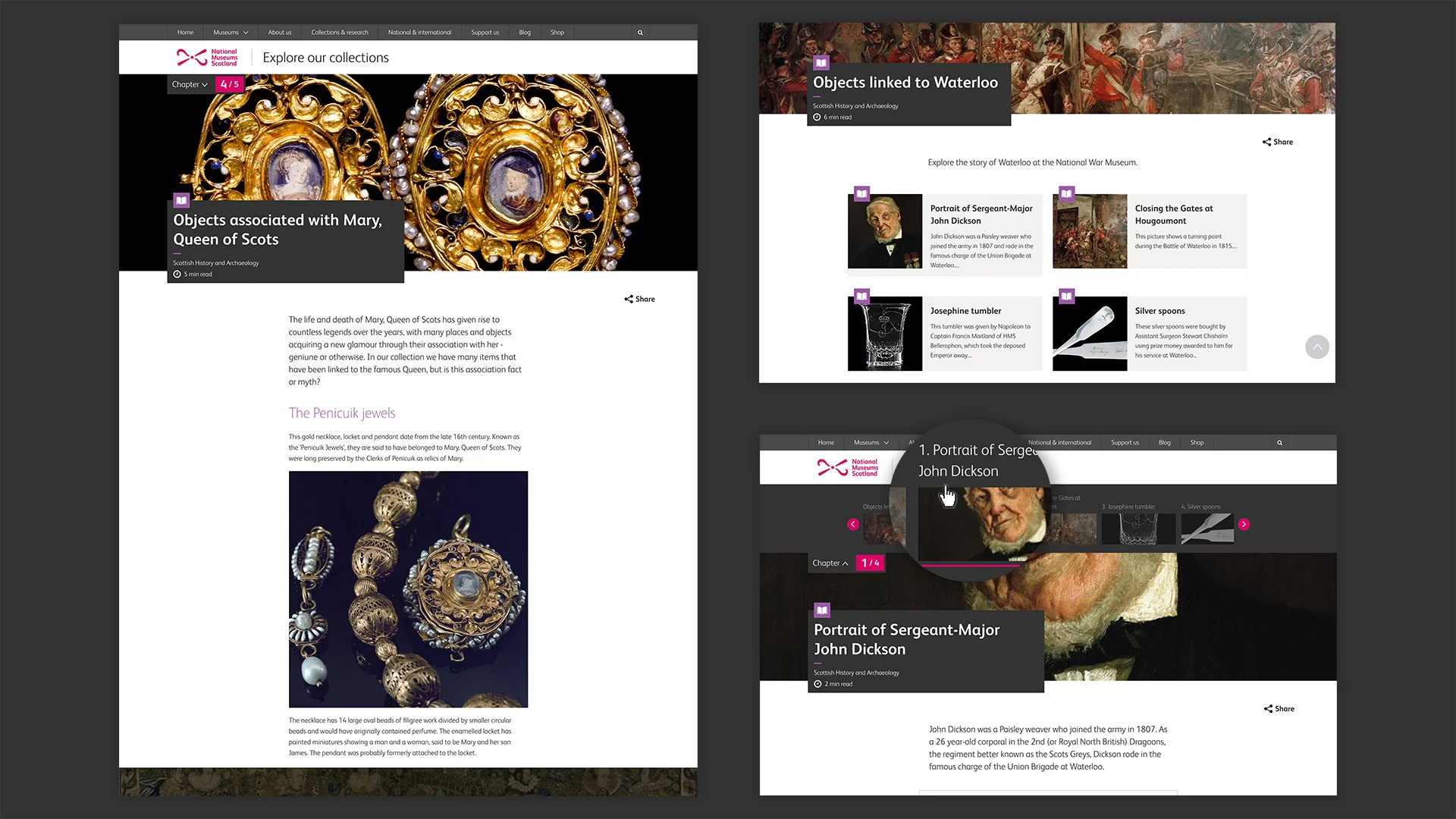 The main interface uses simple filters to access material through intuitive labelling with user-friendly tags to avoid confusion. Long-form templates enable experimentation with layout, dividing content into chapters with embedded media to create an experience that displays responsively on all devices. The collections database now offers easy access via search filters, with clear presentation of object information and hi-resolution imagery, as well as incorporating new features like 360 degree photography.