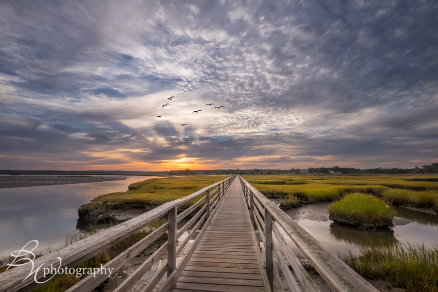 I prefer to photograph this location at mid to high tide because, at low tide, the rather unsightly marsh mud is exposed. I used a wide angle lens for this image (16-35mm) and focused about one third of the way into the scene for maximum depth of field. 