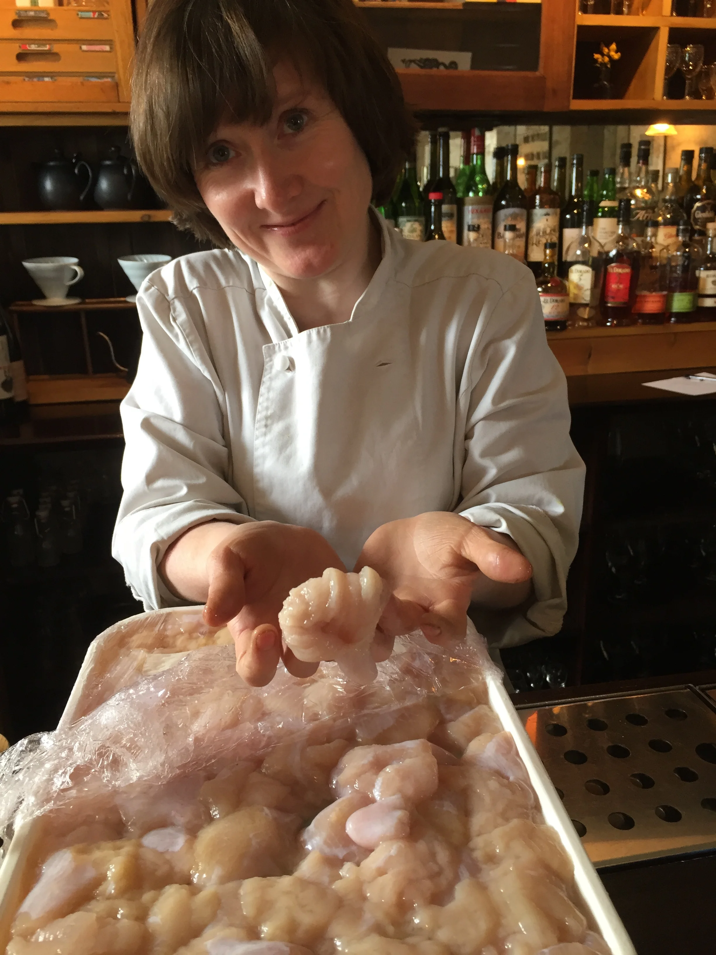Pamela Brunton, chef-patron of Inver restaurant at Strachur in Argyll, with her first delivery of Gigha Halibut roe - a first in Scots cuisine