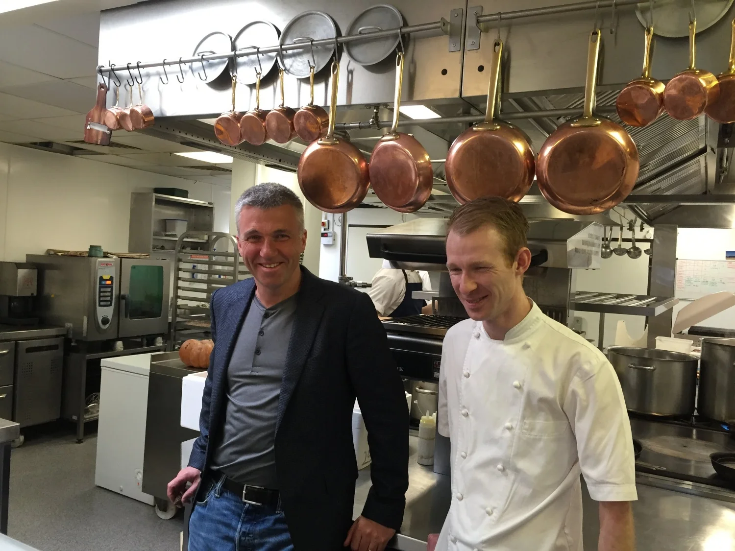 Happier times ... Cheevers, right, with Martin Wishart in the kitchen at Michelin-starred Martin Wishart at Loch Lomond, at the five-star Cameron House hotel, in 2016.
