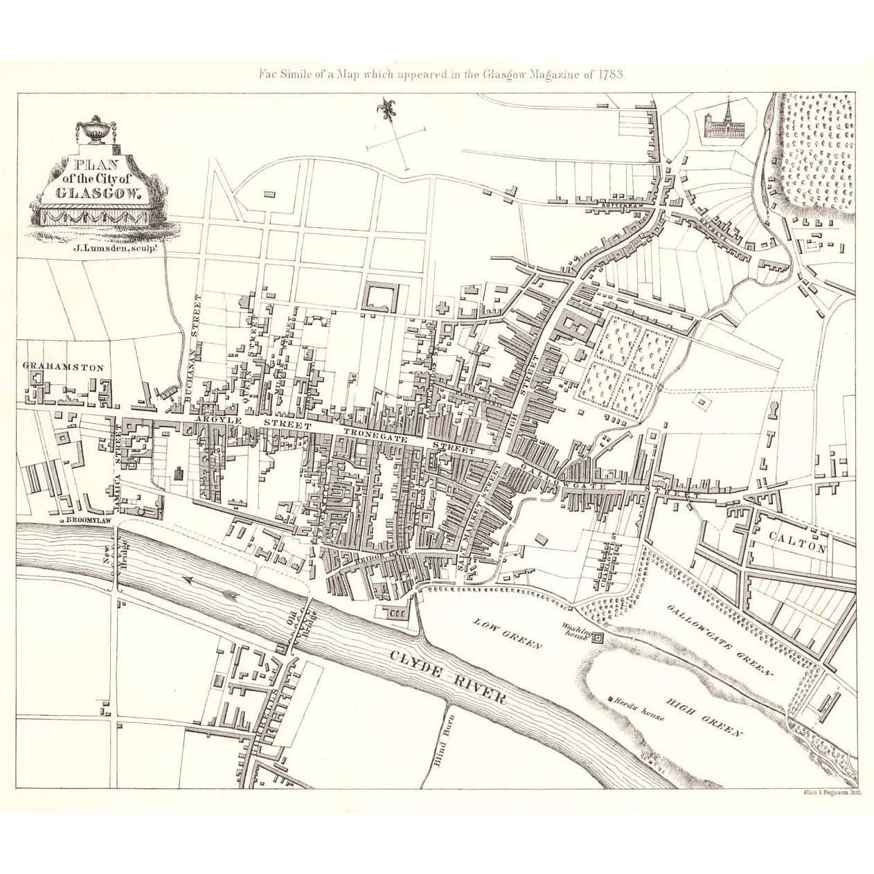 A map of Glasgow from 1783, courtesy Britton Images , showing Grahamston to the far west of the emerging city. You can see how unpopulated it was then, and so close to both the River Clyde and the eventual site of Glasgow Central.