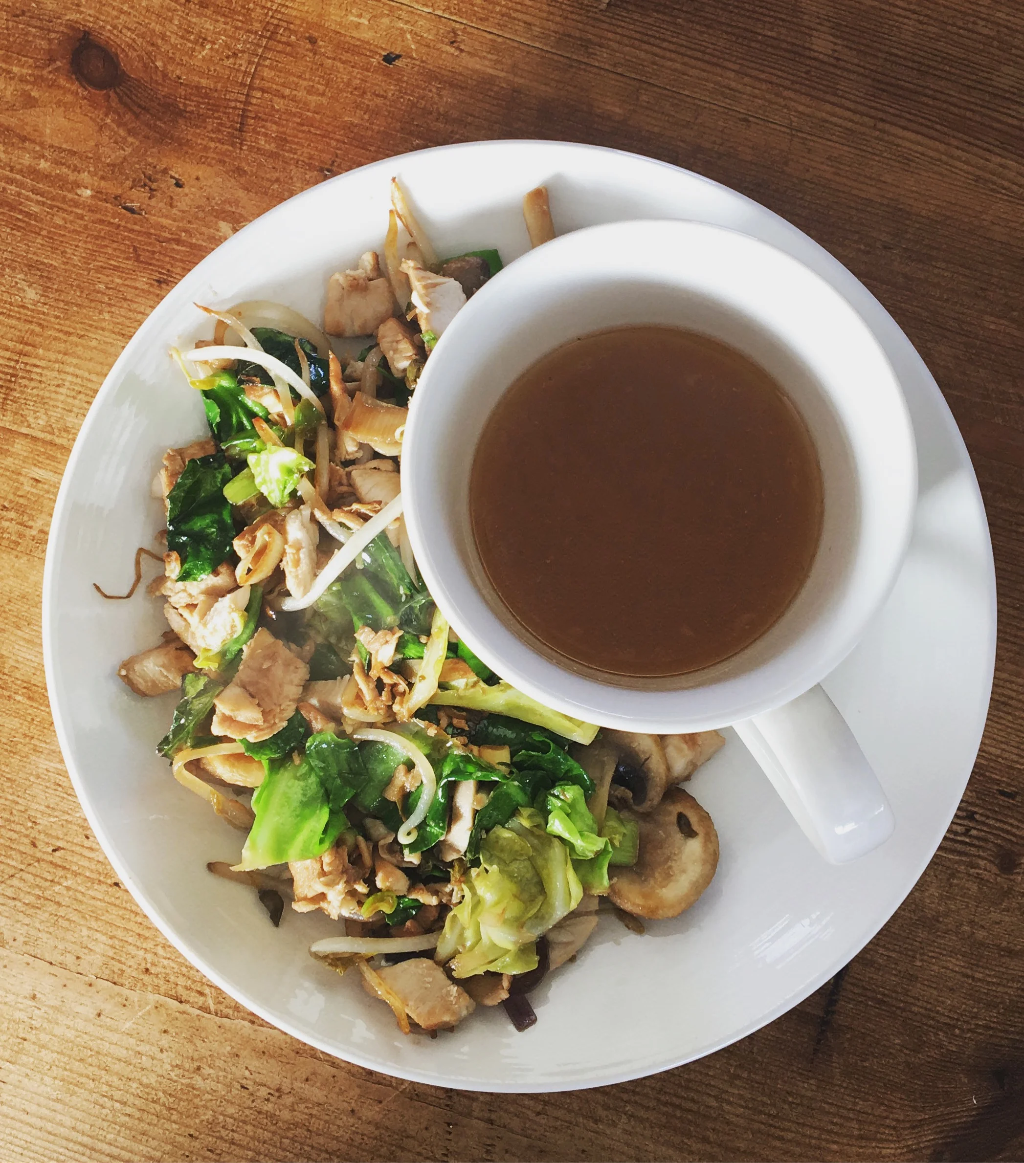 Bone broth with stir fried vegetables.