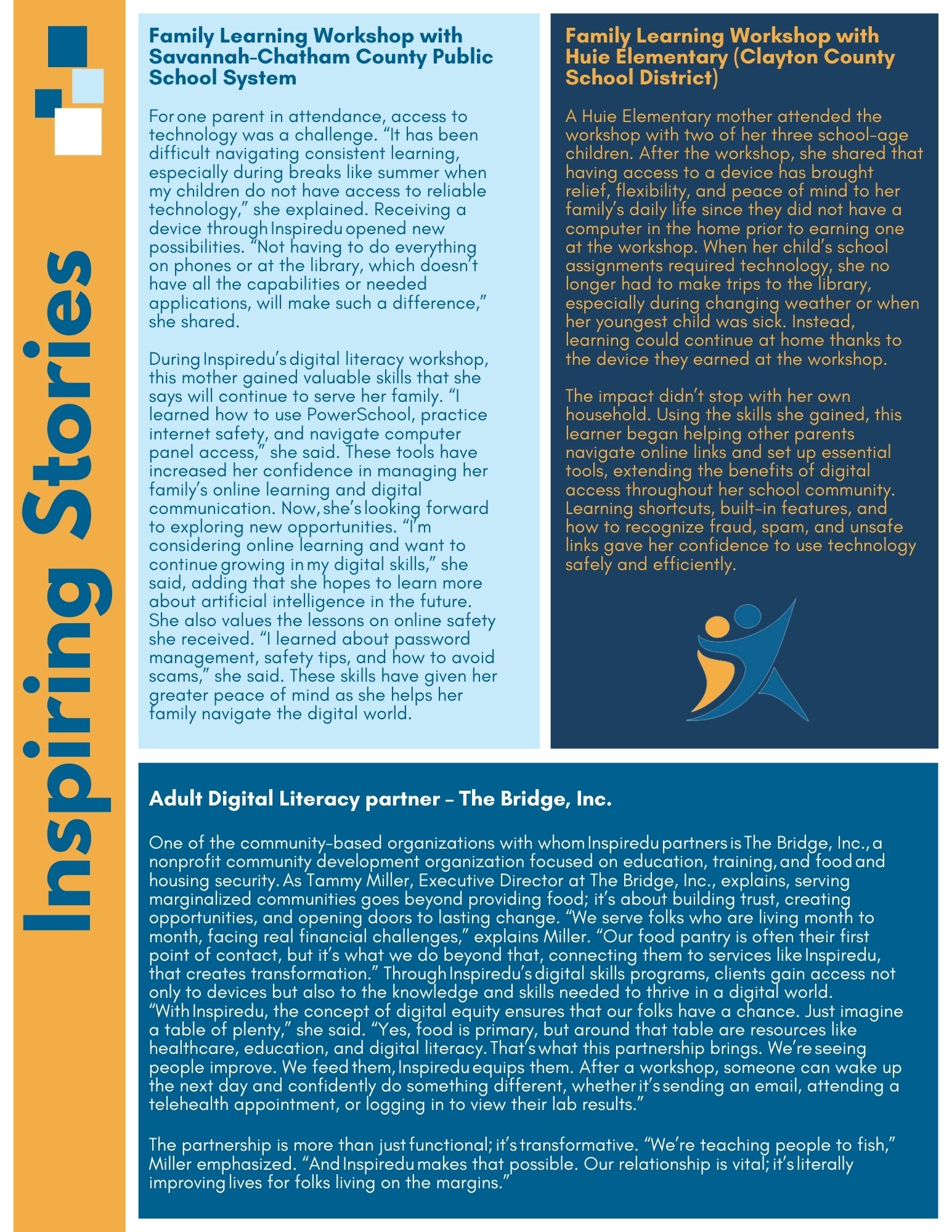 Inspiredu success stories highlighting how digital literacy workshops and community partnerships helped families gain technology access and digital skills.