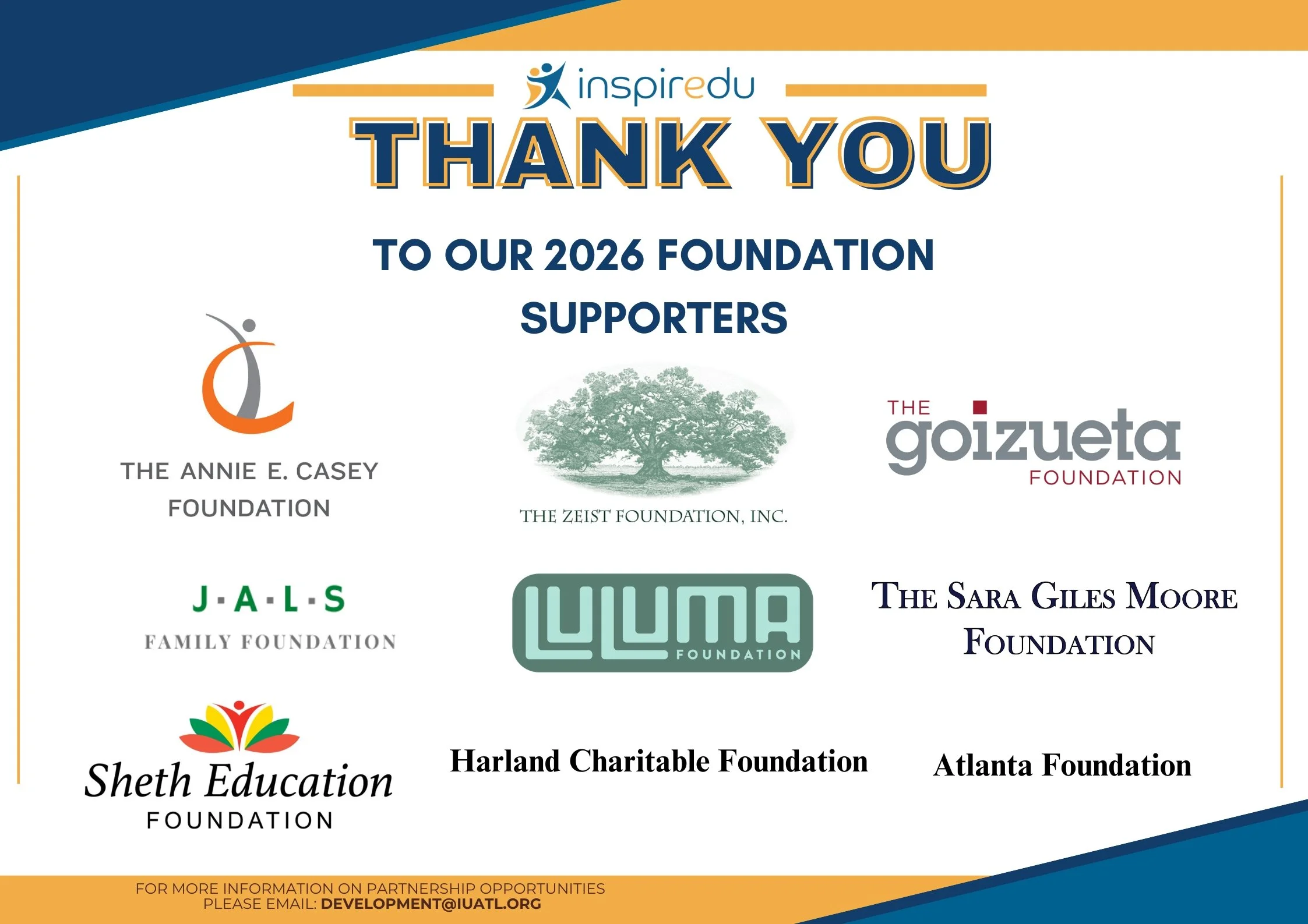 Graphic recognizing Inspiredu's 2026 foundation supporters, including the Annie E. Casey Foundation, The Zeist Foundation, The Goizueta Foundation, LUMA Foundation, and other philanthropic partners.