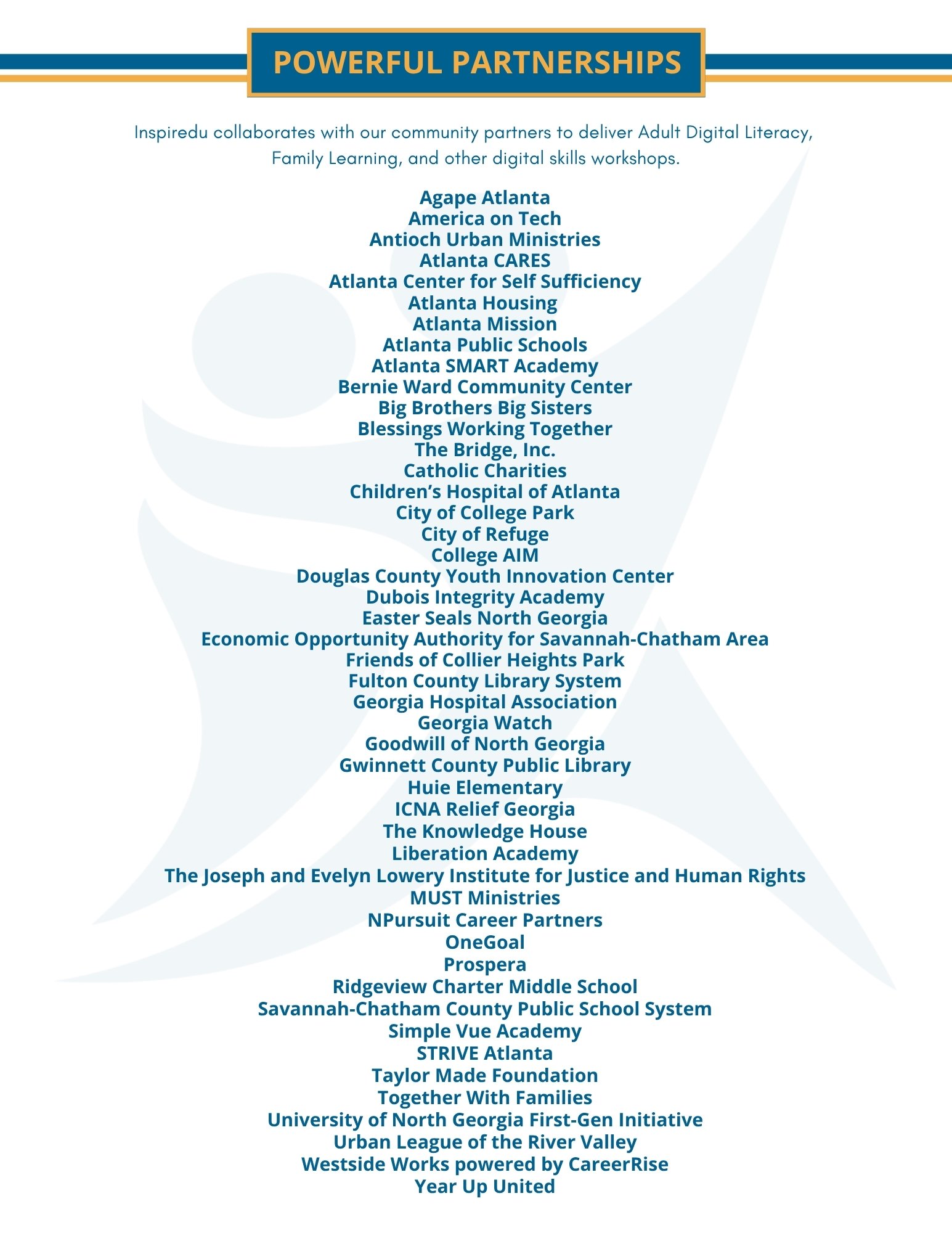 Inspiredu community partner organizations supporting adult digital literacy, family learning, and digital skills workshops across Georgia.