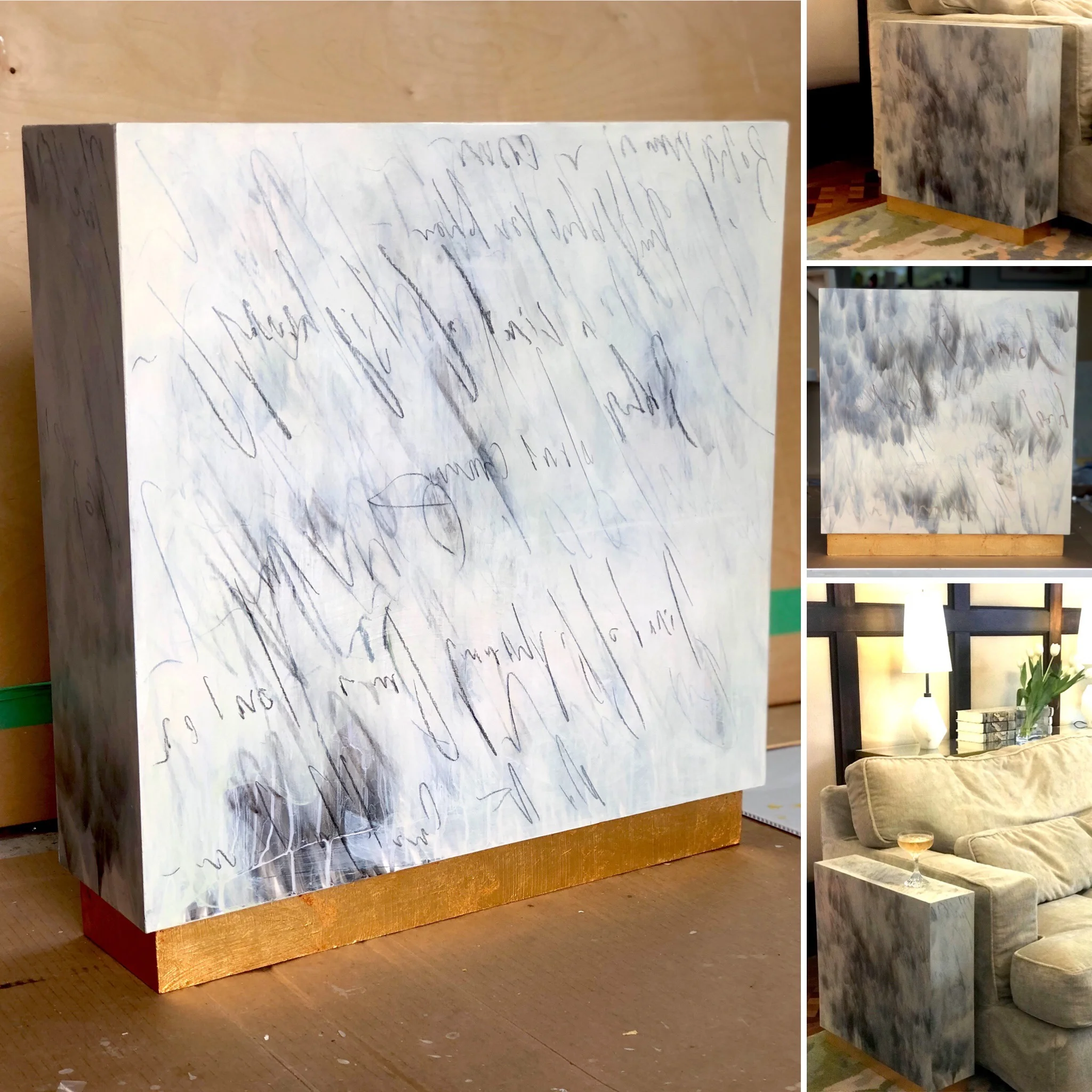 "Becktables" This unique commission designed for a good friend and client. Her family wanted original art pieces in the family room of their historic home with limited wall space. Her solution was to create 2 tables that could become the central art pieces in the room, These "Becktalbes" both with an "A side" & a "B side" are my mixed media drawing/painting compositions inspired by writing the lyrics from the songs of Beck, a favorite musician of the family. Pair, each measure 23"Hx22"Wx6"D each, with a gold leafed base.