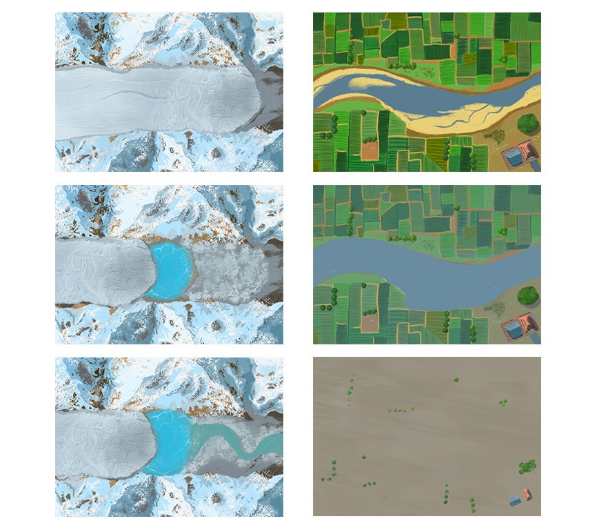 Drawing panels which will be animated to show the effects of climate change and melting glaciers