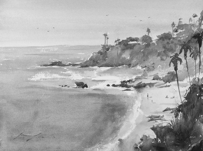 A black and white beach painting, you can still identify the foreground foliage and palm trees. Although is not a misty scenery, the lower contrast of the distance land still push it back.