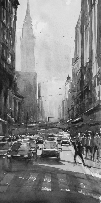 A very busy NYC street. When you look on the top half of the painting, you can still see how the buildings fade into distance.