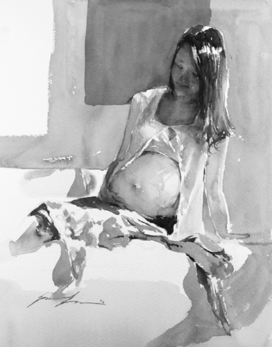 Now the same painting in black and white, you can still read clearly of her round belly, folds of her cloth, and subtle form of her face. (now looking at it black and white, I actually really like it) :)