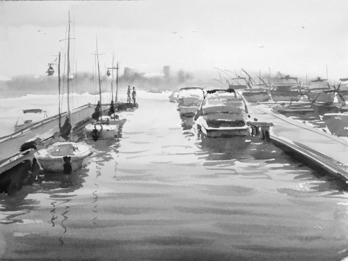 Now turn that painting into black and white. You can clearly see the lighting from above and the side by looking at the boat and the gangway. It is also worth noting that it is the value that makes the ripple. Because the subtle value shift from light to dark, you can feel the wavy water.