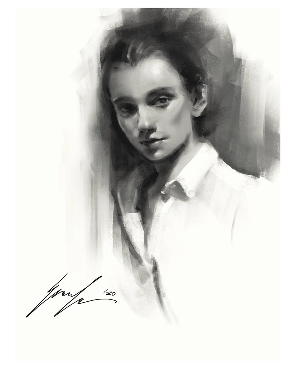 Digital Charcoal Portrait — Café Watercolor