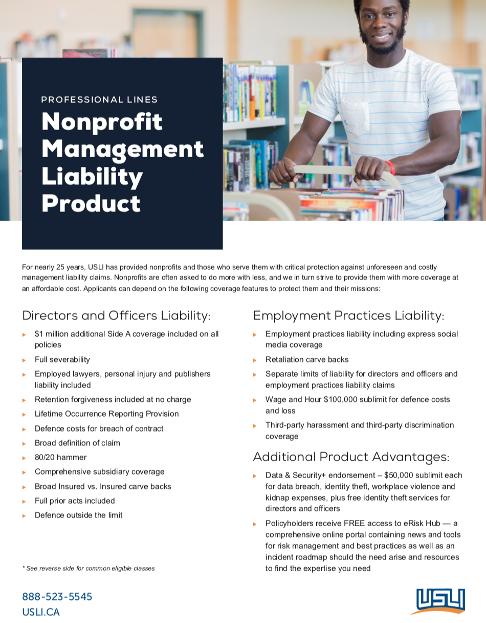 Nonprofit Management Liability Product Marketing Sheet - Canada Rebrand