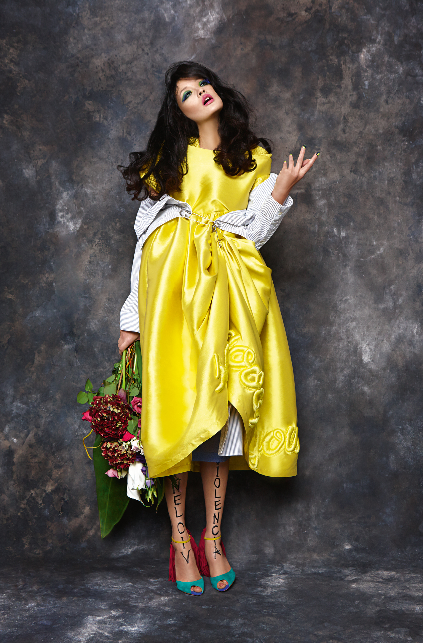 Yellow dress, Fyodor Golan. Striped shirt, BACK. Striped pencil skirt, BACK. Blue floral shirt, Zeynep Tosun. Shoes w/pink tassels, Christian Louboutin.