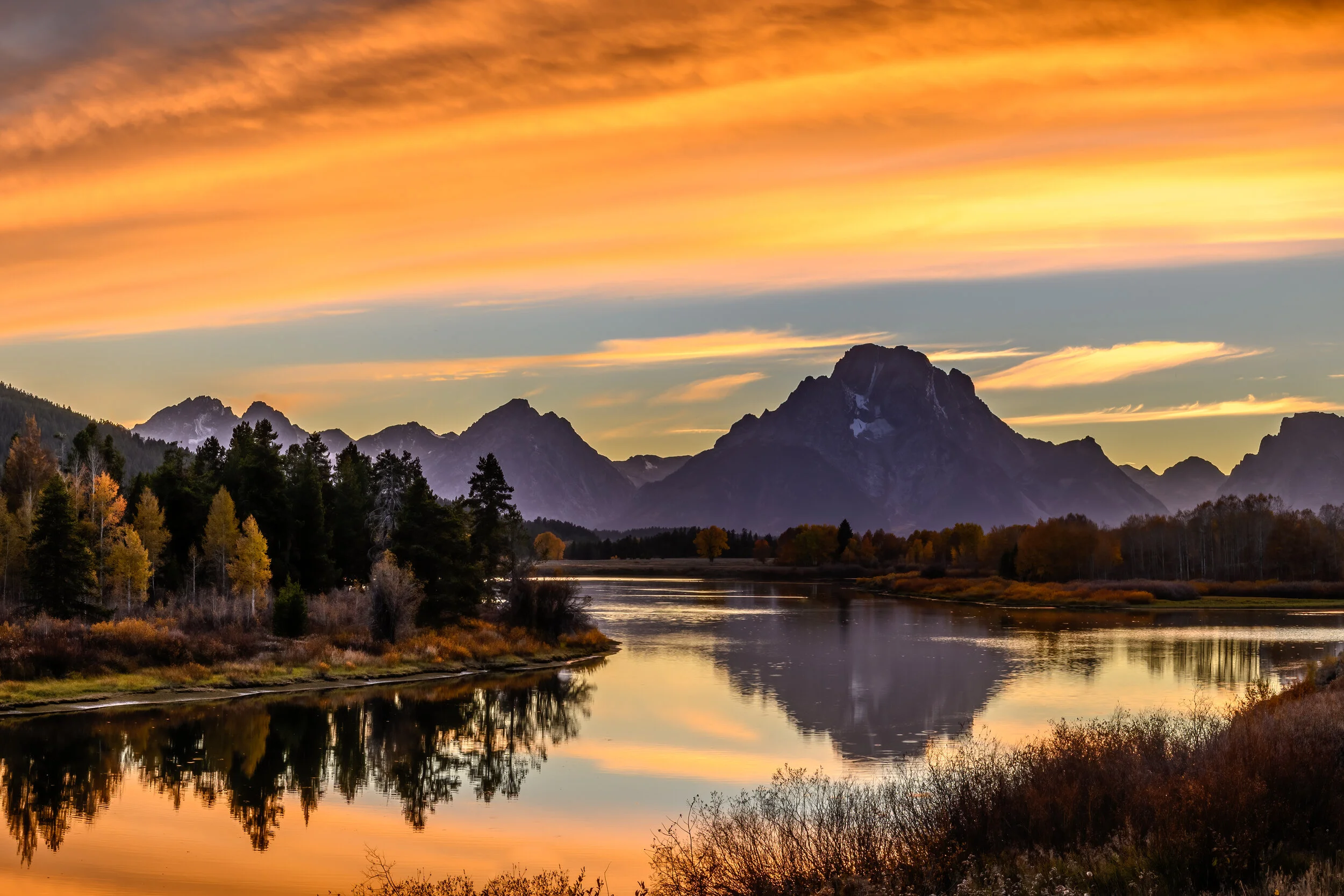 Oxbow Bend after sunset in Grand Teton National Park