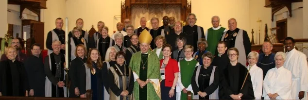 Normal
0
false
false
false
EN-US
X-NONE
X-NONE
Vergers from the Diocese of Atlanta pause for a photo at their June 4 summer assembly in Rome with Bishop Keith Whitmore, and The Rev. Janice Bracken Wright. In front with the bishop are Lorie Tola and Suzie Whitmore. Photo: Curt Yarbrough