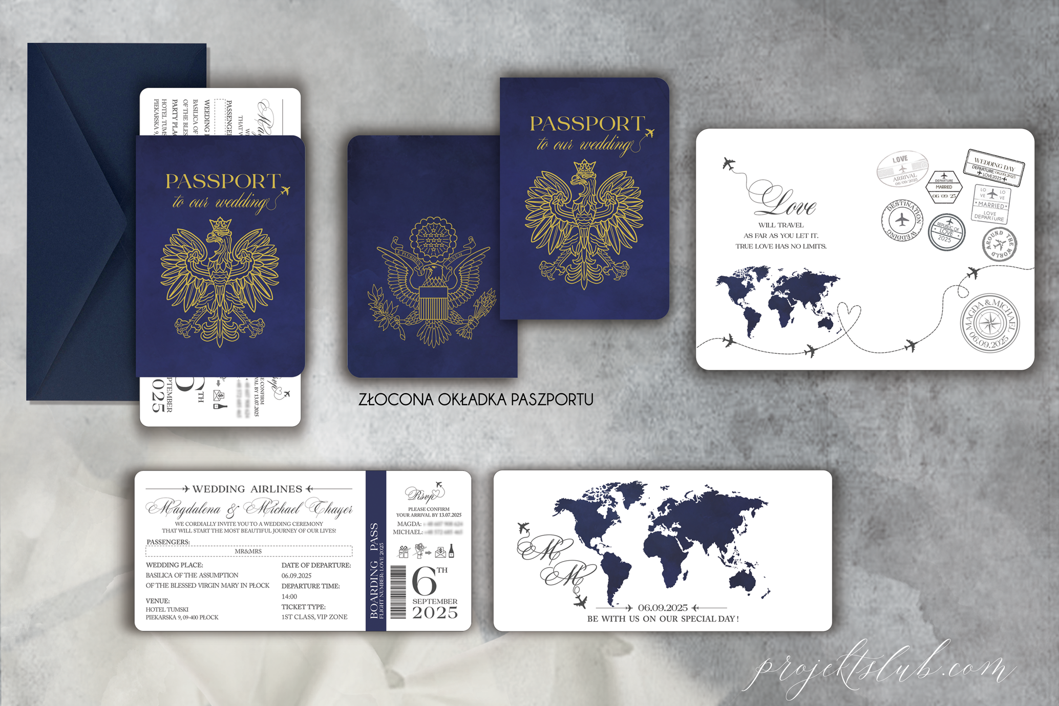 Wizualizacja projektu zaproszenia ślubnego w formie granatowego paszportu z motywem orłów, złoceniami, kartą Boarding Pass i kopertą - wersja angielska