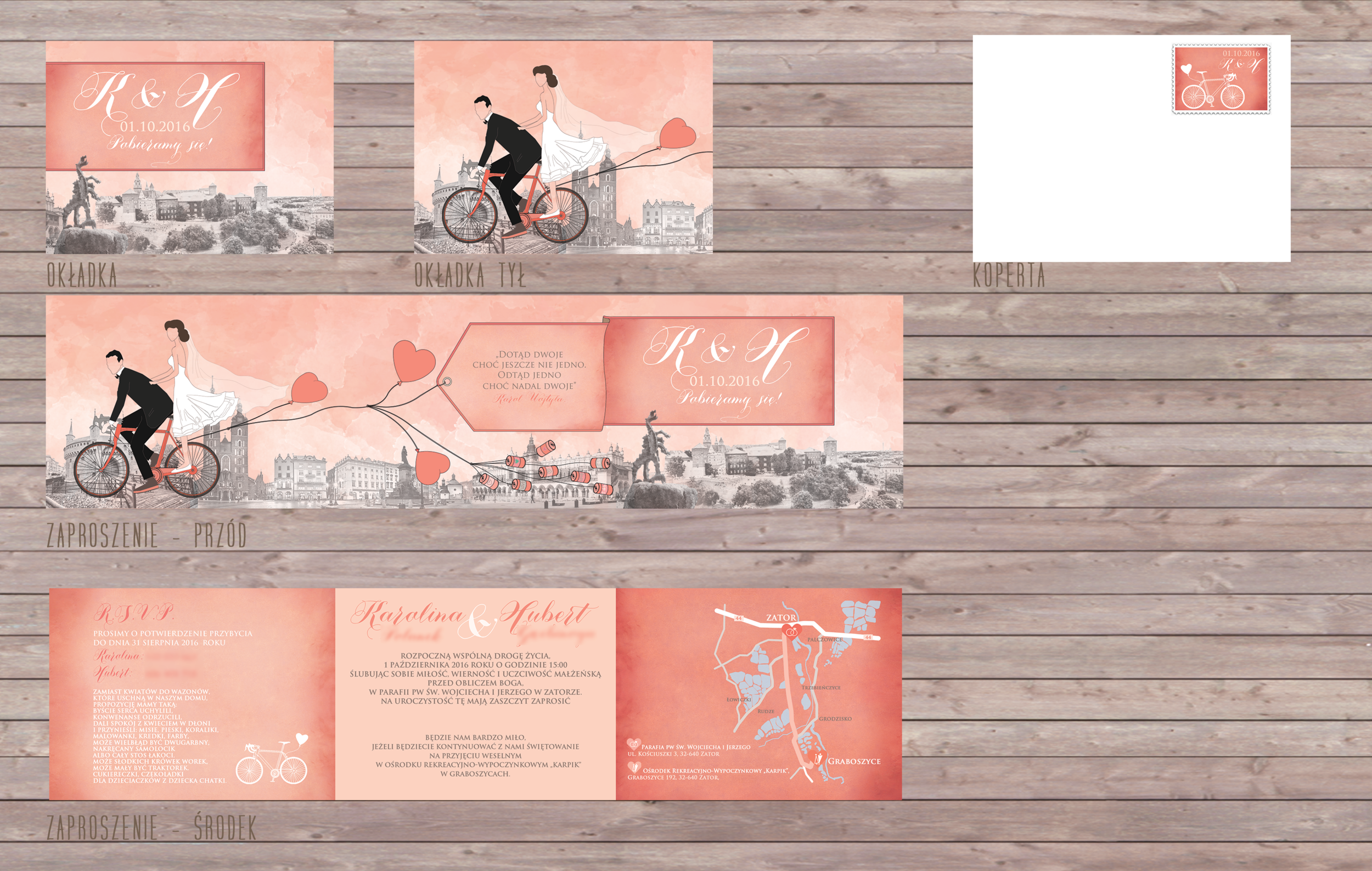 zaproszenie ślubne z rowerem podróż rower rustykalne para młoda koral.png