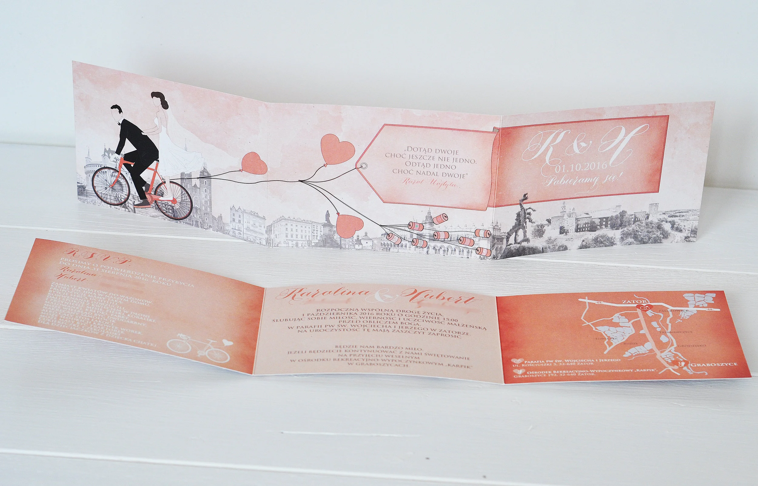 zaproszenia ślubne rowerem do ślubu harmonijka  składane podłużne z mapką kraków smok wawelski rowerowe love Projekt Ślub  (10).JPG