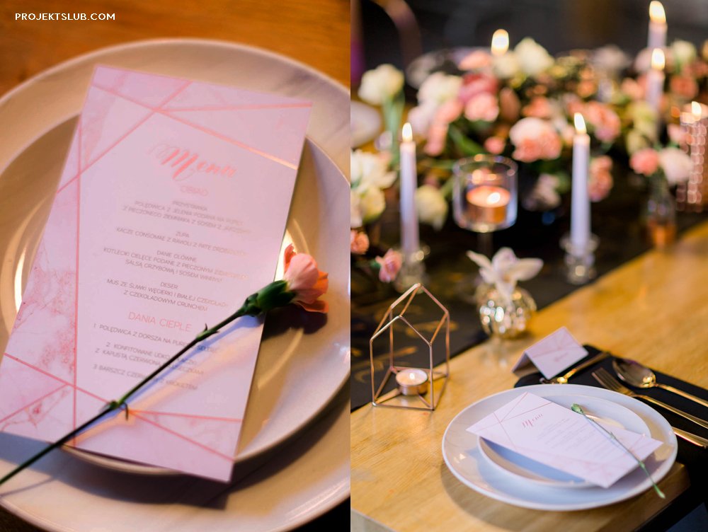 Eleganckie pastelowe menu weselne w motywami geometrycznymi