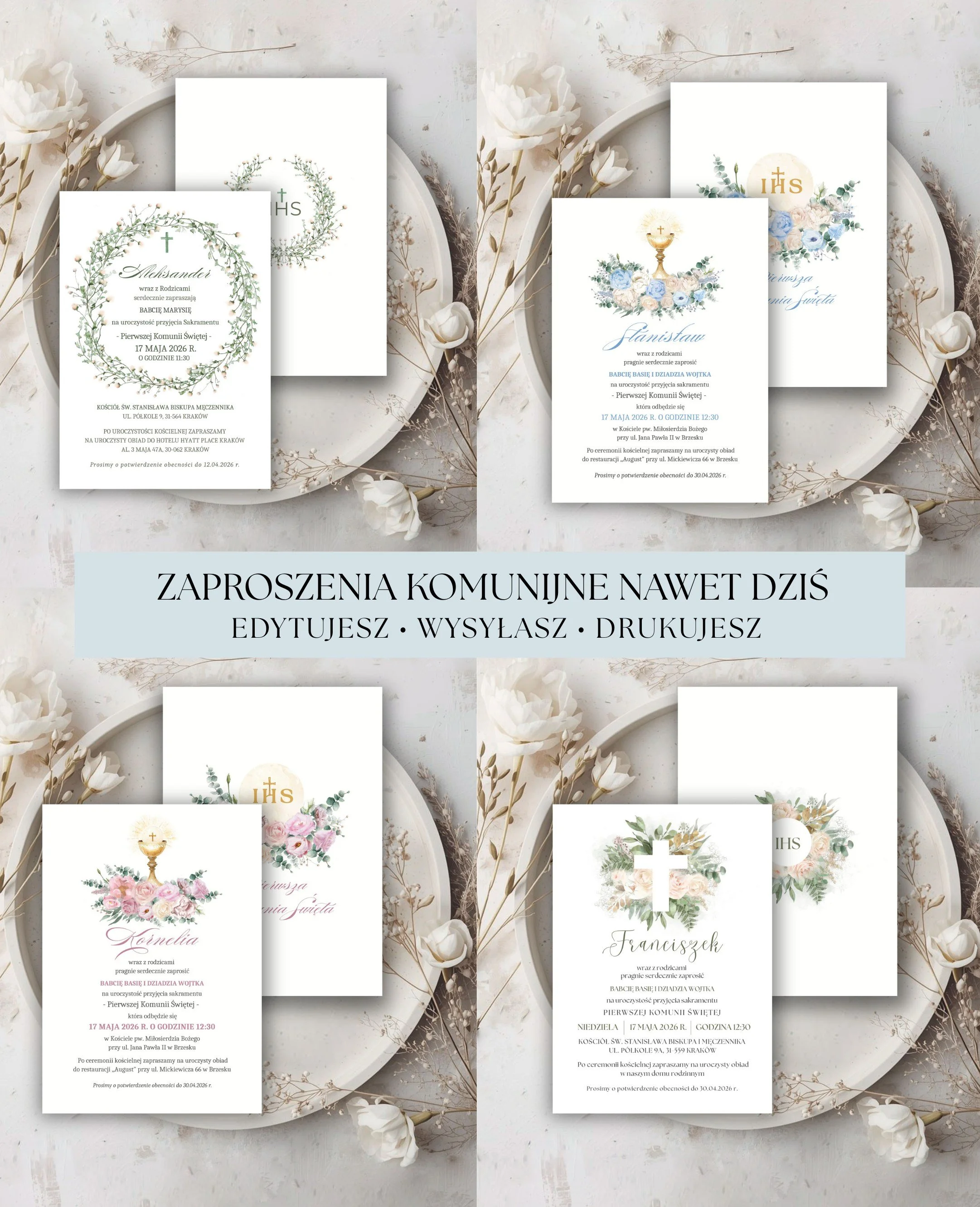 Zaproszenia komunijne w Canva – jak zrobić je szybko (gotowe projekty do edycji)
