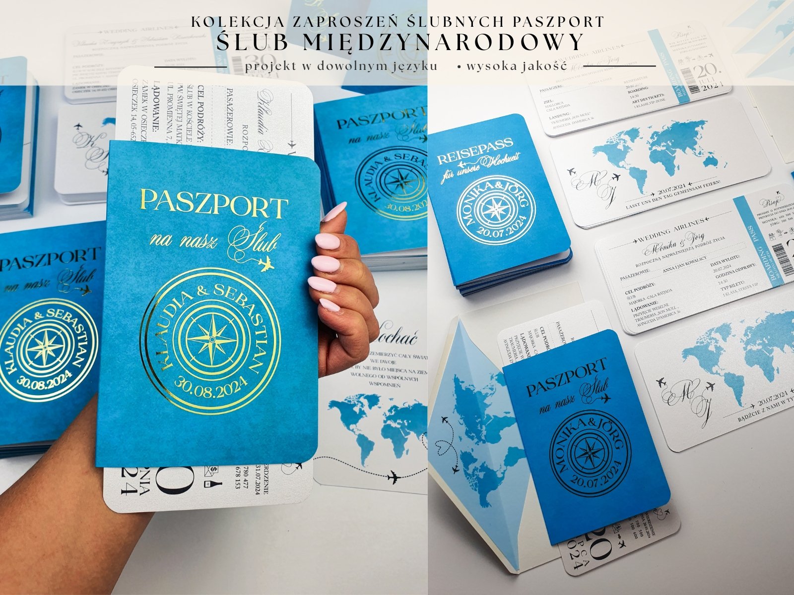 Zaproszenie Paszport Ślubny ze złoceniem w wersji turkusowej