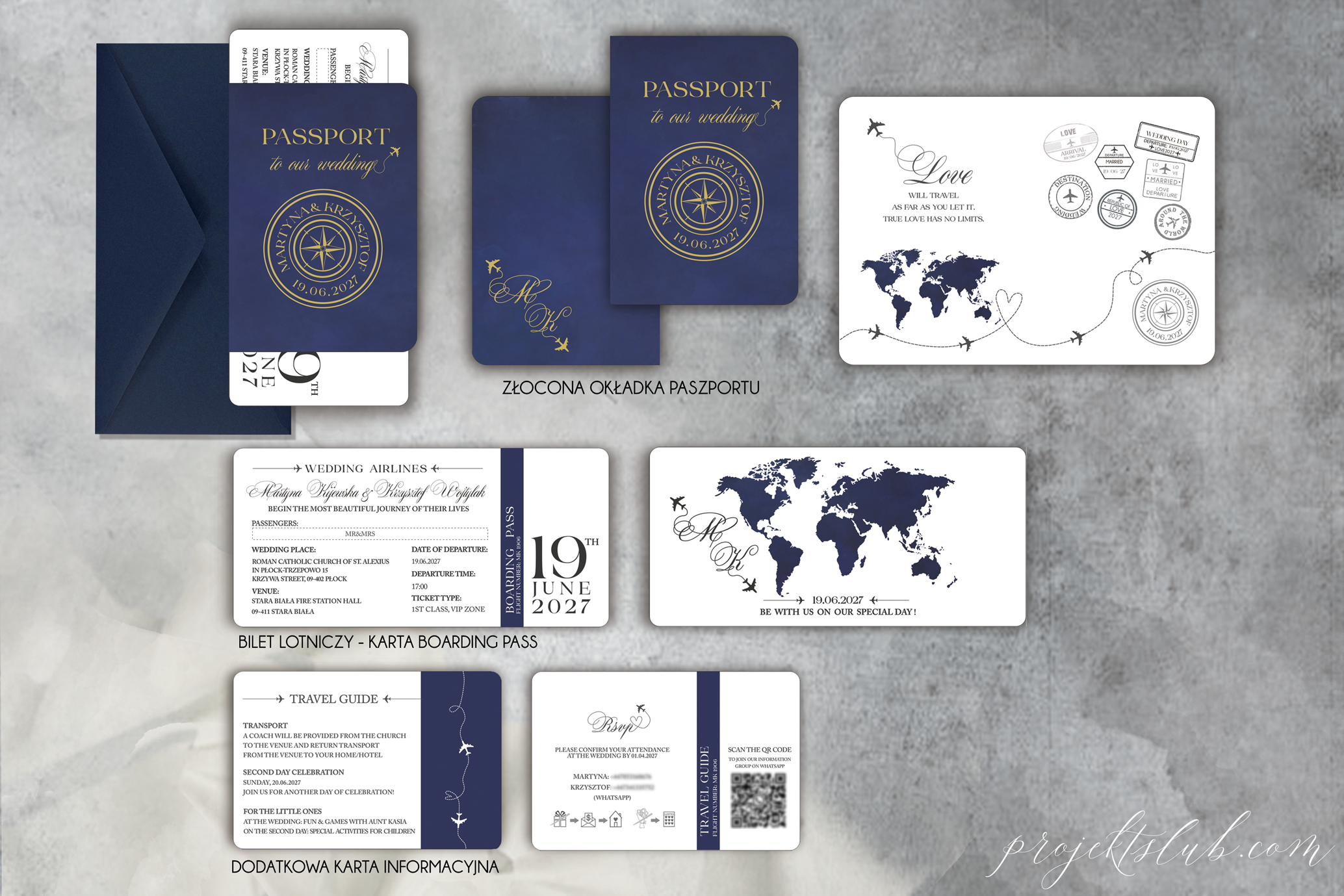 Wizualizacja projektu granatowego zaproszenia ślubnego Paszport na Nasz Ślub 9 w języku angielskim, ze złoconym kompasem, kartą Boarding Pass i dodatkami podróżniczymi