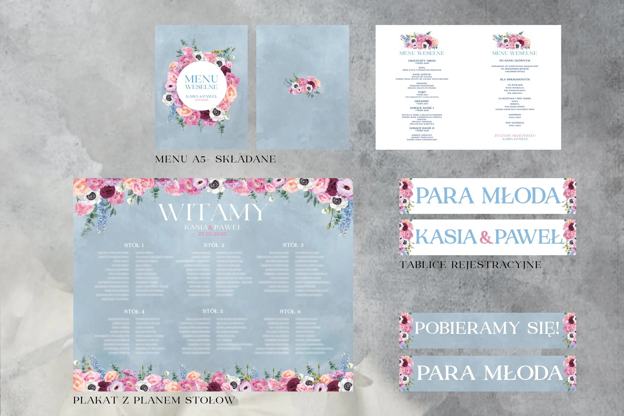 Plan stołów i menu weselne Błękitny Ogród w kolorystyce dusty blue