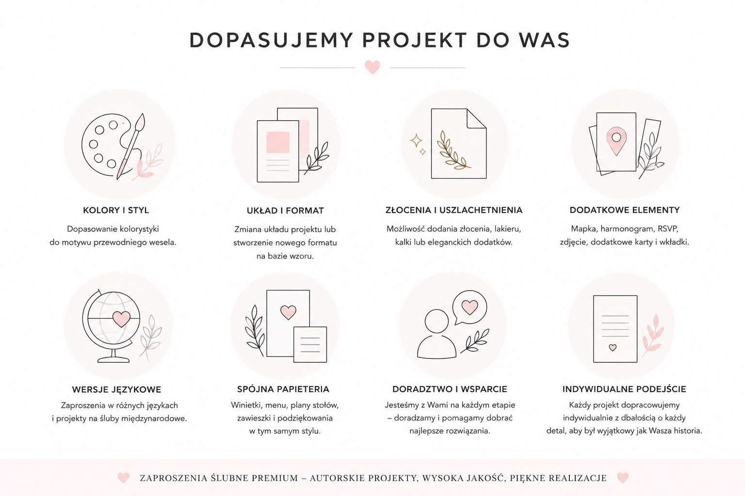 Personalizacja zaproszeń ślubnych - możliwość zmiany kolorów, układu, dodatków i stworzenia spójnej papeterii ślubnej