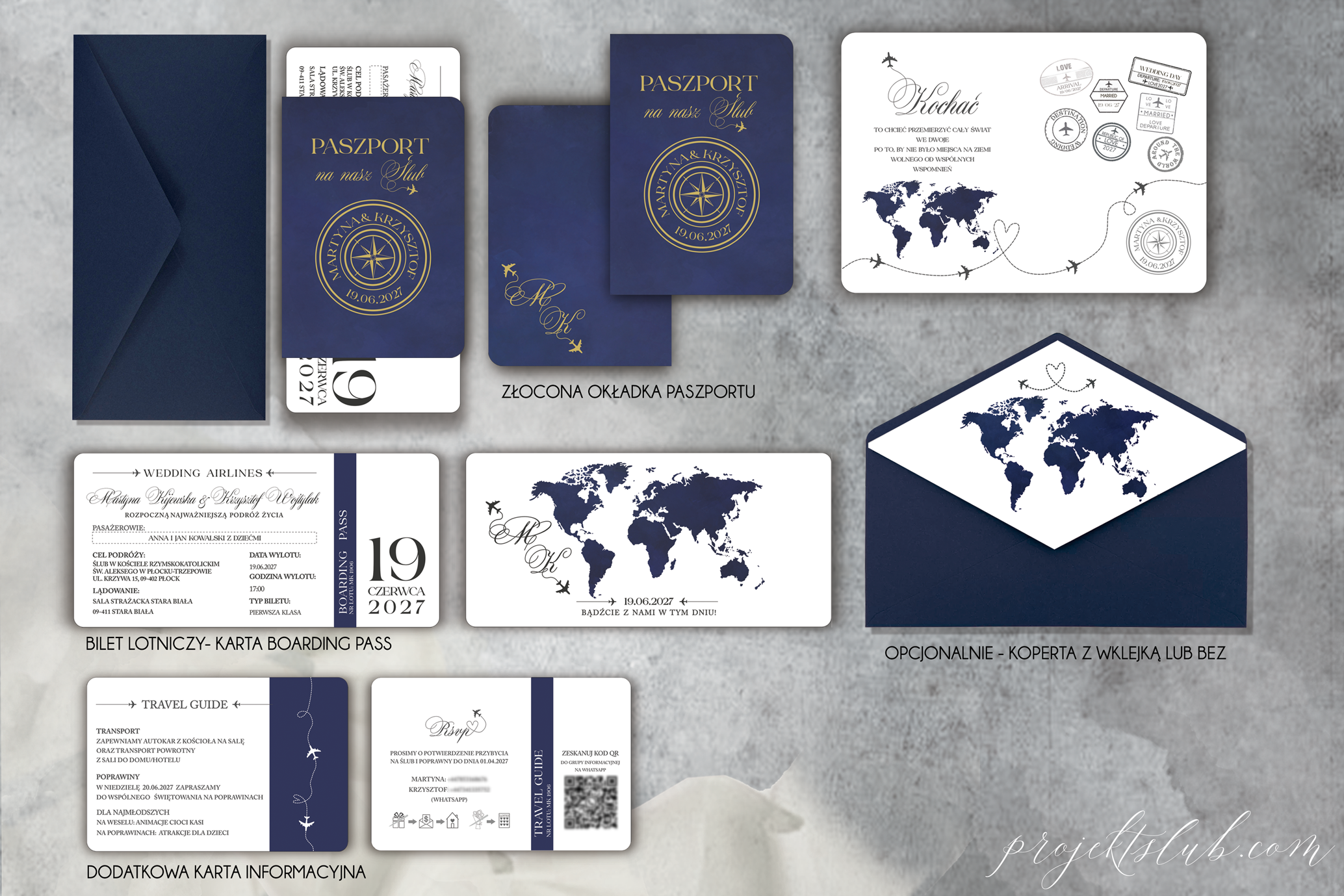 Wizualizacja projektu zaproszenia ślubnego Paszport na Nasz Ślub 9 z dodatkową kartą Travel Guide, granatową kopertą i wkładką z mapą świata
