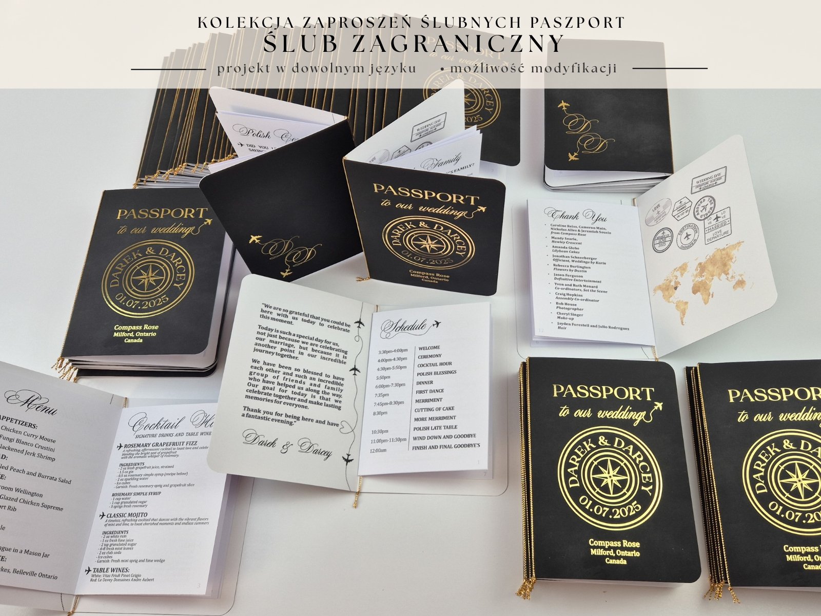 Złocone zaproszenia ślubne paszport - eleganckie i wysokiej jakości