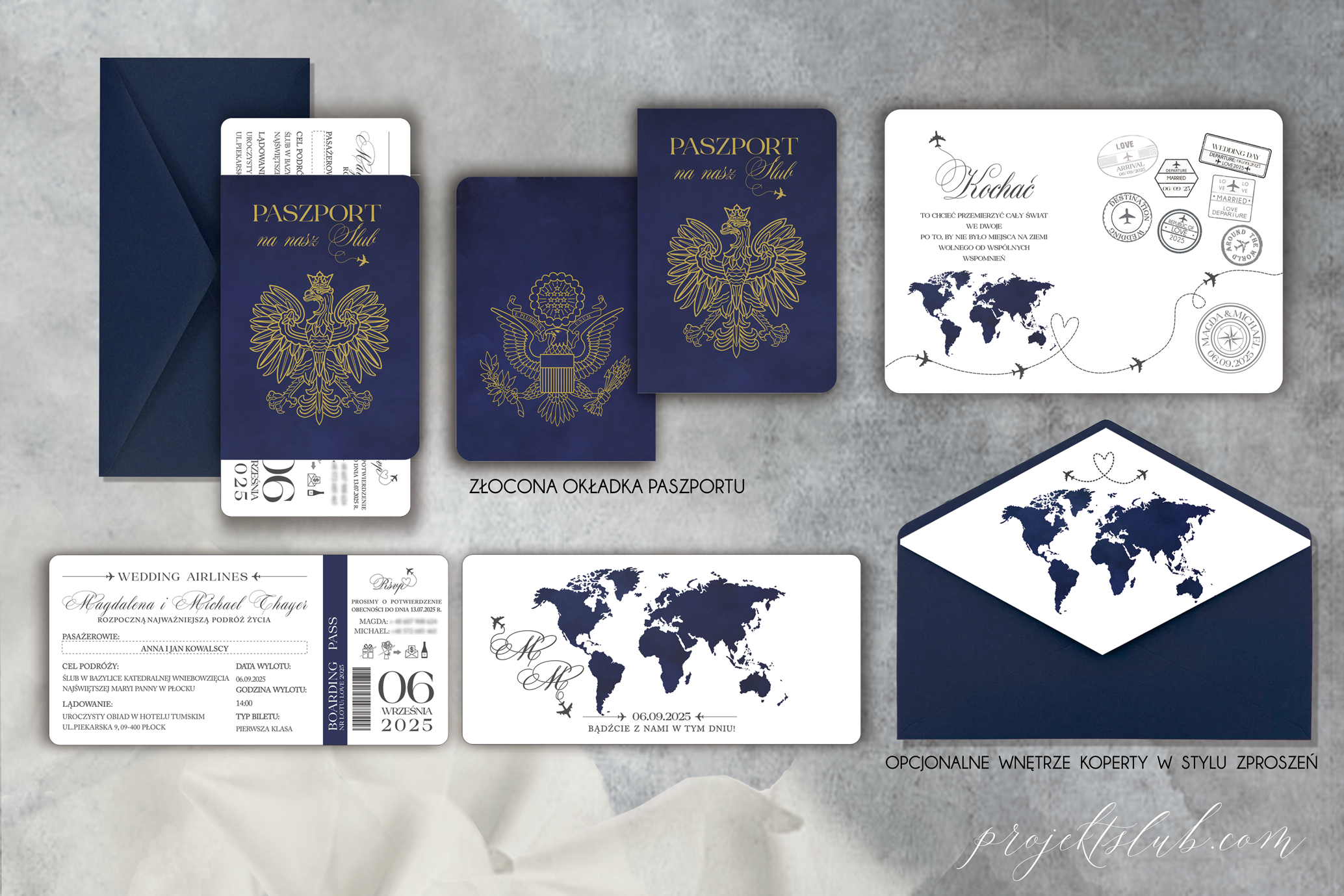 Wizualizacja projektu zaproszenia ślubnego w formie granatowego paszportu z polskim orłem, złoceniami, kartą Boarding Pass i dopasowaną kopertą - wersja polska