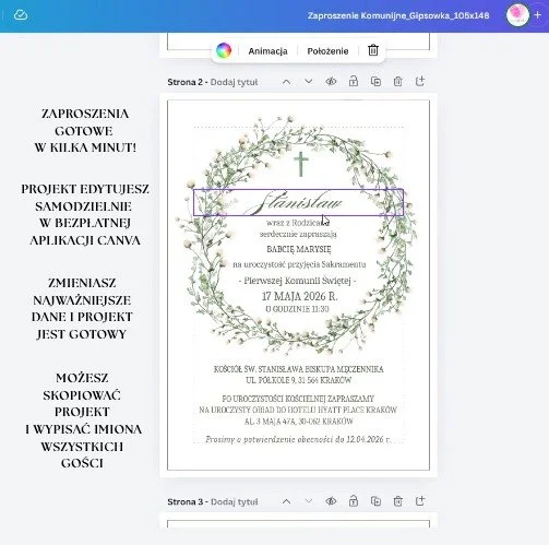 edycja zaproszenia komunijnego w canva personalizacja tekstu online krok po kroku