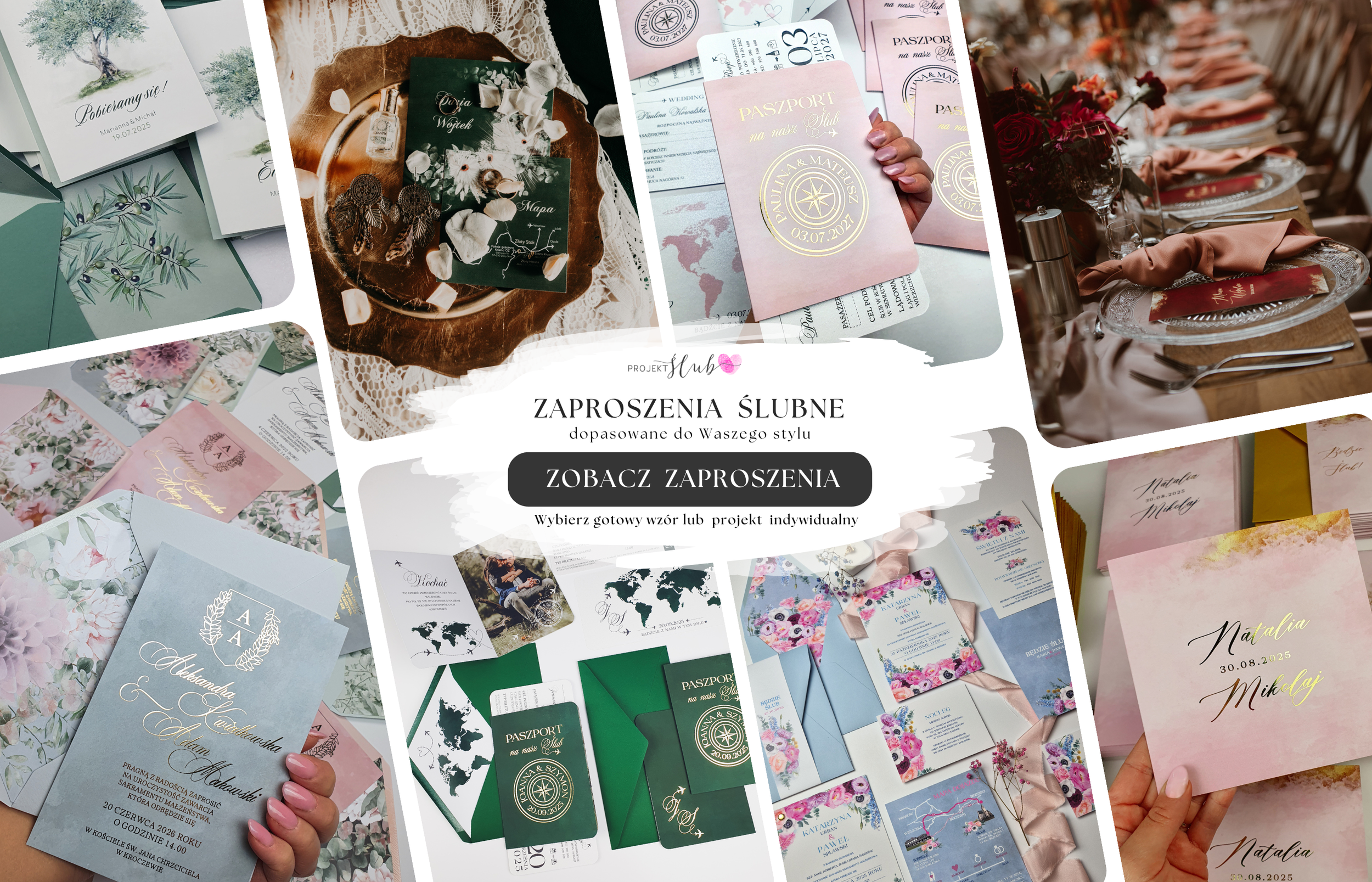 Zaproszenia ślubne premium Projekt Ślub – eleganckie, złocone, botaniczne i kwiatowe wzory, zaproszenia w formie paszportu oraz papeteria weselna