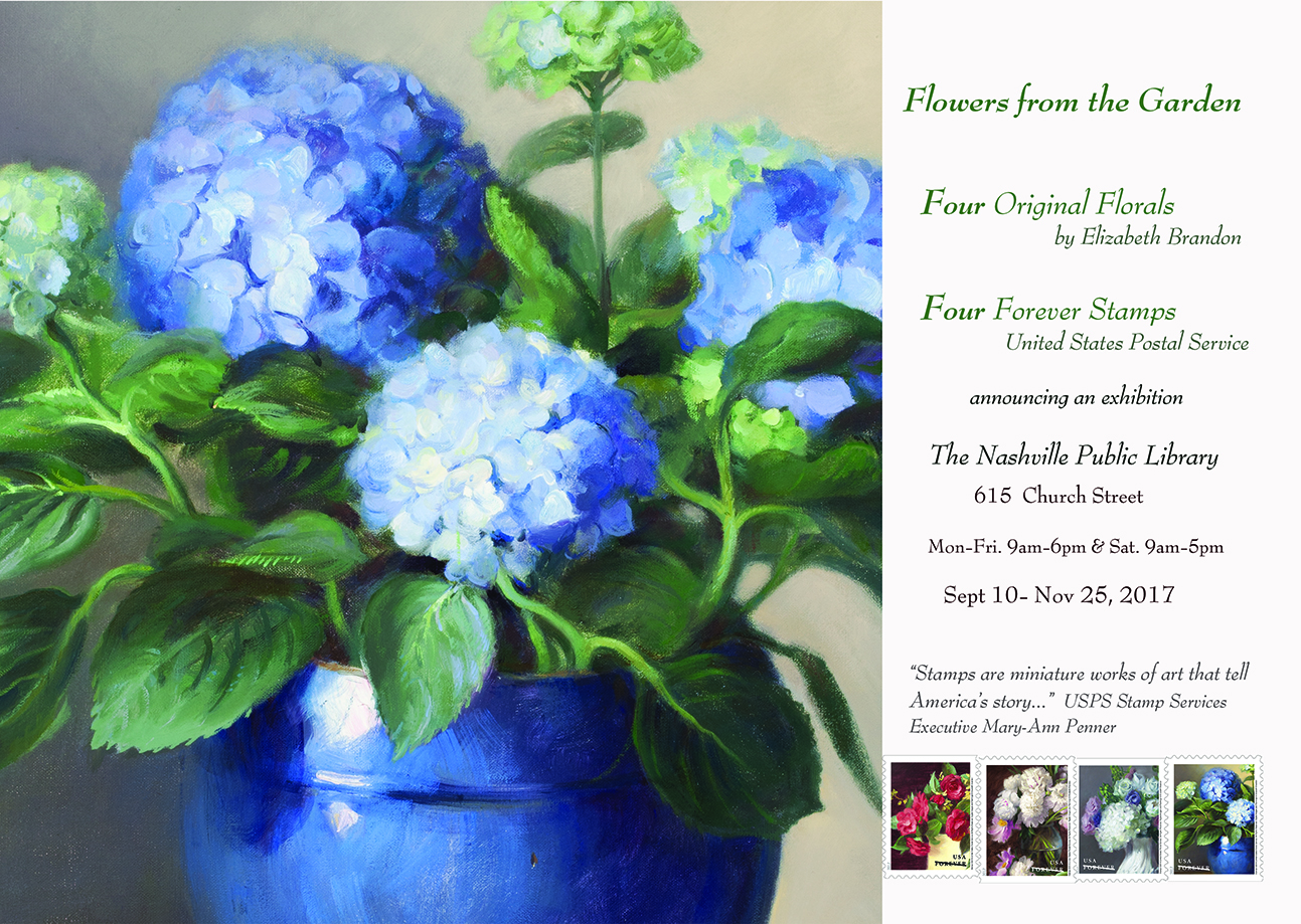 The four florals that inspired the "Flowers from the Garden" Forever Stamps are on display at The Nashville 'award winning' Downtown Library. Canvas prints of the four paintings are available on this website in 'Shop'. "Peonies" and "Blue Hydrangeas" are original oil paintings available for purchase. 