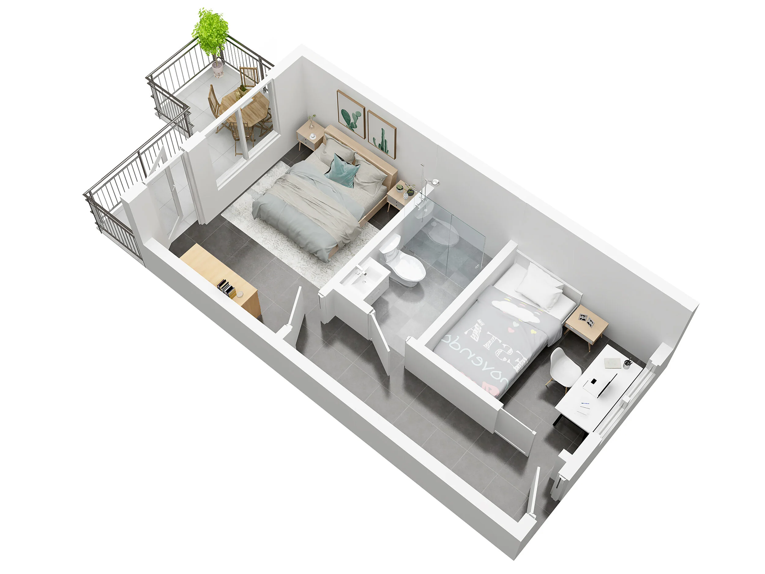 3D plan of Driftwood's guest suite