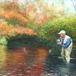 Fall color and deep shadow help the interactive arc of fishermen and fish in this scene from the Nissequogue River in New York. Available for purchase through the link in profile. #fall #autumn #leaves #foliage #fishing #fish #flyfishing #river #fish