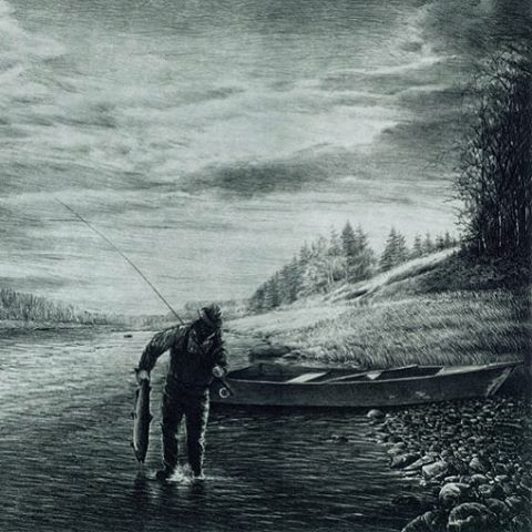 &quot;Ted Williams on the Miramichi.&quot; This etching is set in New Brunswick, Canada. check it out--also available for purchase through the link in profile. #canada #newbrunswick #newbrunswickcanada #miramichi #fish #fishing #fishermen #fisherman 