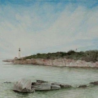 A portion of &quot;Portland Lighthouse&quot; (in Portland, ME). The original painting shows the length of the pension peninsula that extends into the bay. Available for purchase through the link in profile. #portland #lighthouse #maine #me #ocean #ba