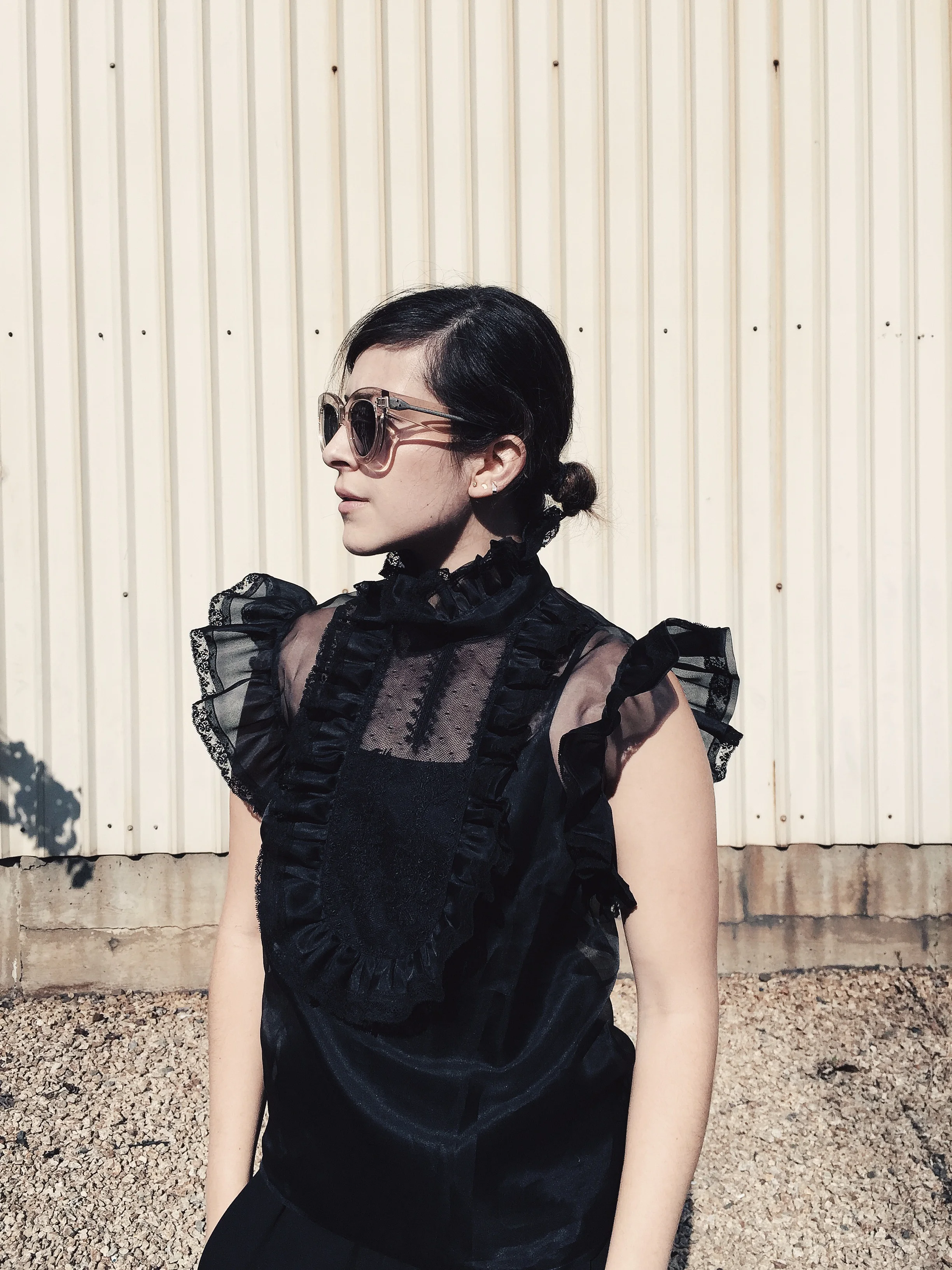 Céline Caty sunglasses, Philosophy sheer ruffle top