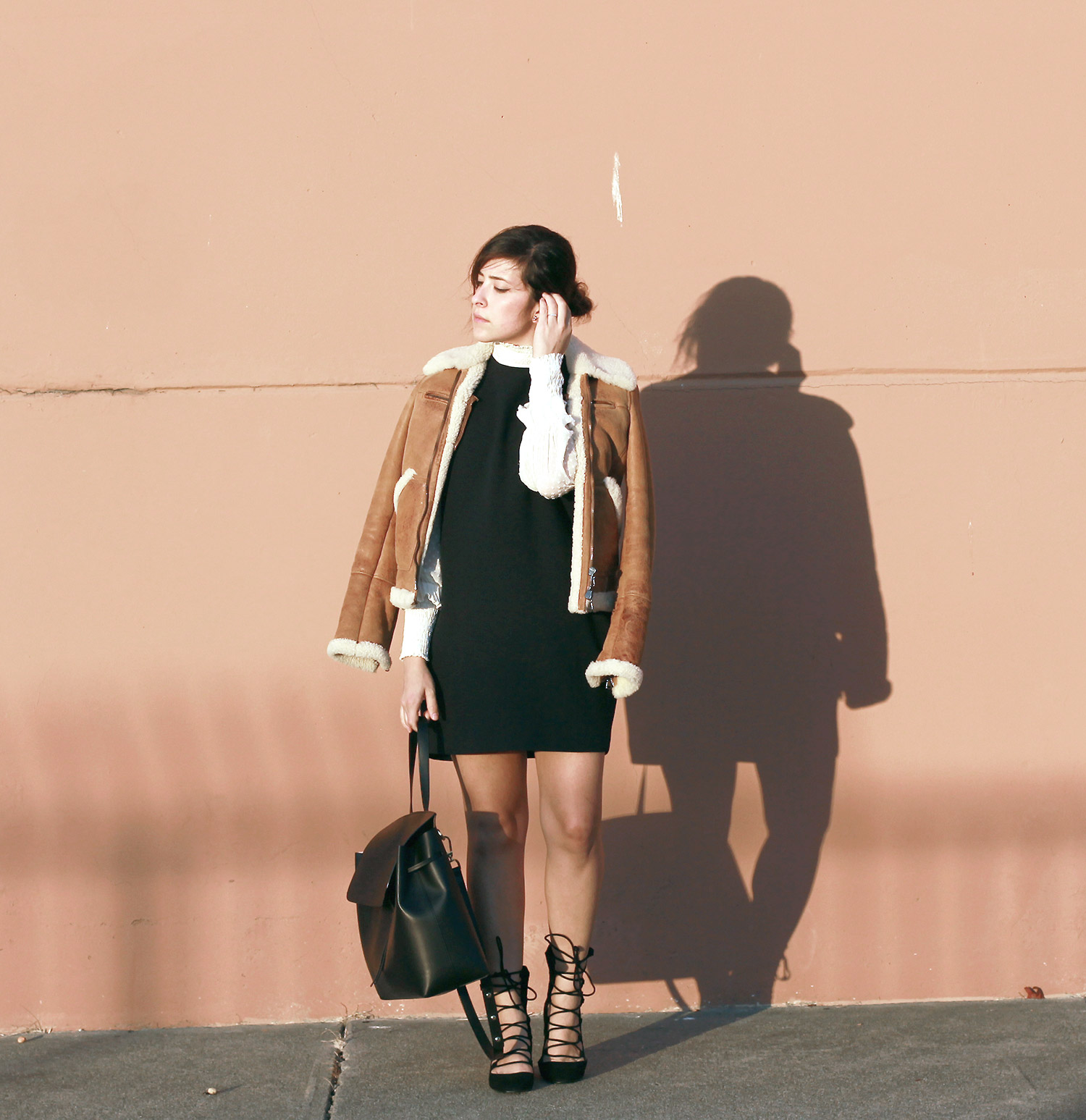 modern retro outfit, shearling jacket