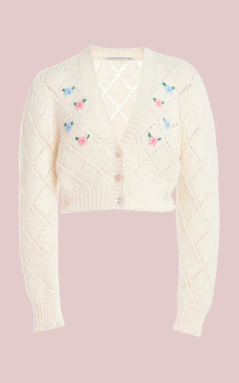 Alessandra Rich Floral-Embroidered Alpaca-Blend Cropped Cardigan