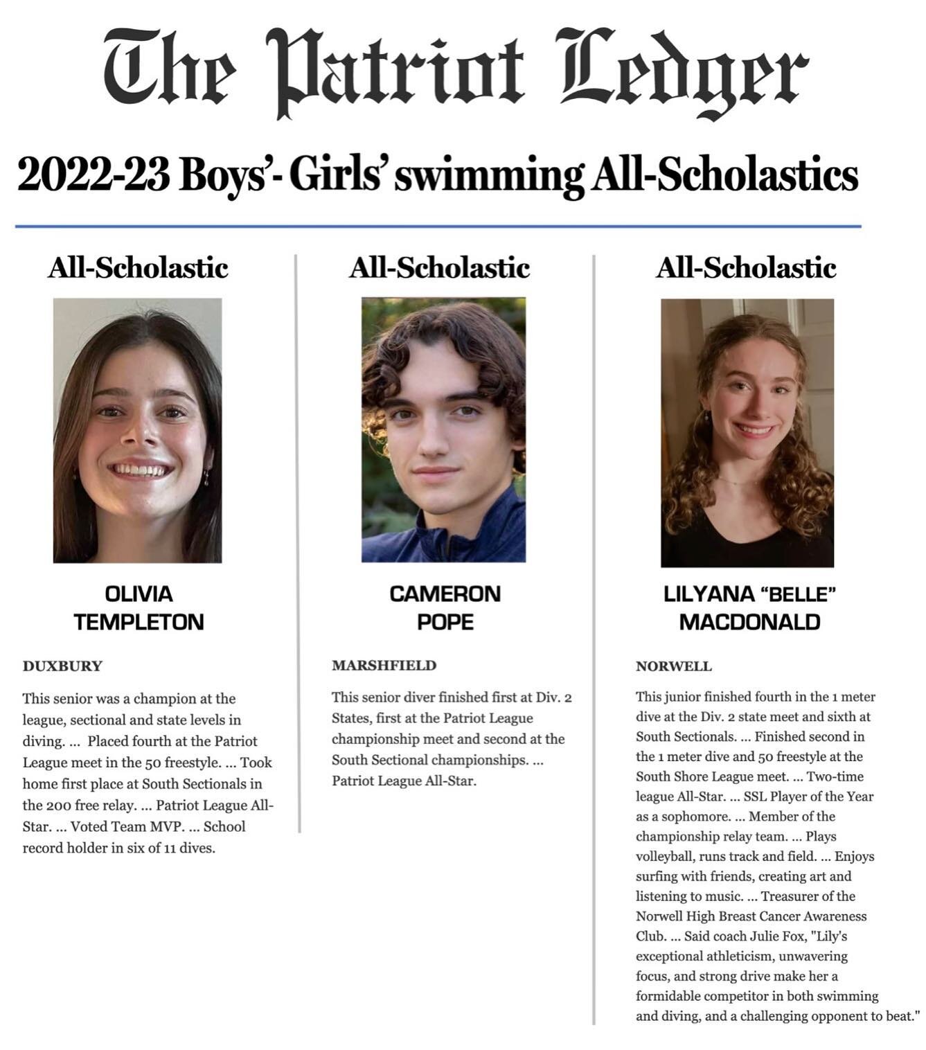 Congratulations to Olivia Templeton, Cam Pope, and Lilyana &ldquo;Belle&rdquo; MacDonald for earning this honor as a newly minted Patriot Ledger All-Scholastic! 🏆🏆👏🏼🇺🇸🇺🇸🇺🇸👏🏼👏🏼👏🏼