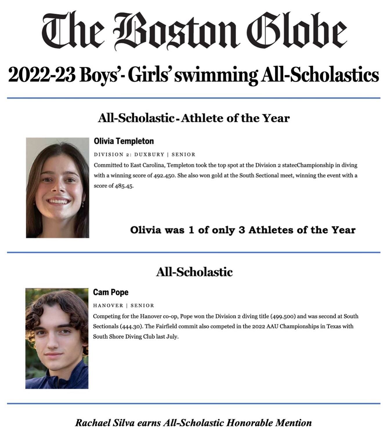 Congratulations to Olivia Templeton for earning The Boston Globe All-Scholastic &ldquo;Athlete of the Year!&rdquo; Congratulations are also in order for Cam Pope for earning The Boston Globes All-Scholastic team!  Both Olivia and Cam are also D2 STAT