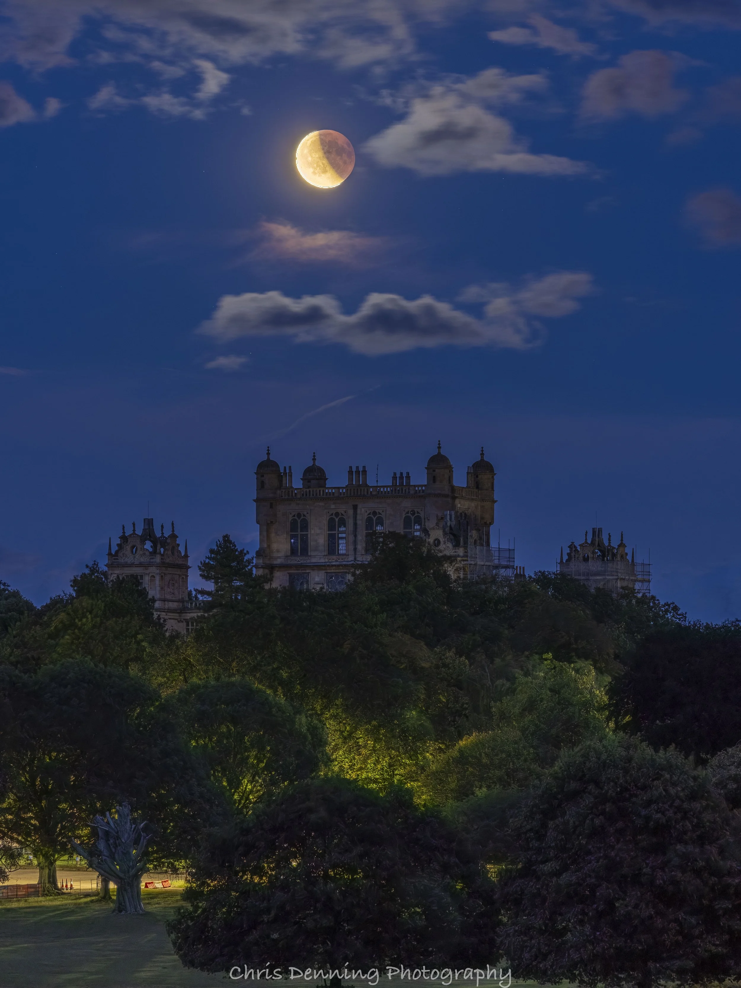 2025-1326 Partial lunar eclipse over Wollaton Hall