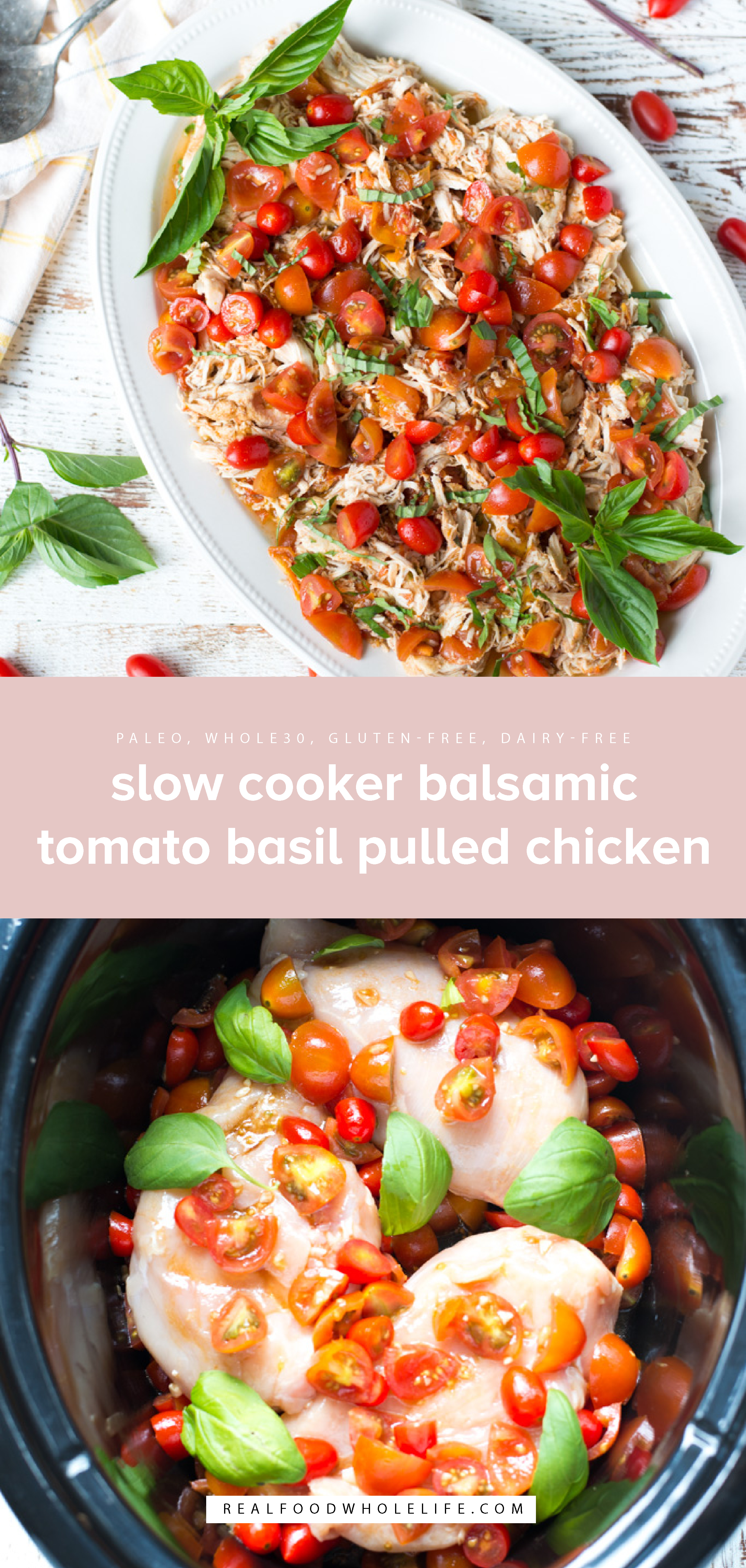 Light, bright, and perfect for summer, Slow Cooker Balsamic Tomato Basil Pulled Chicken is super easy to prepare and so delicious.